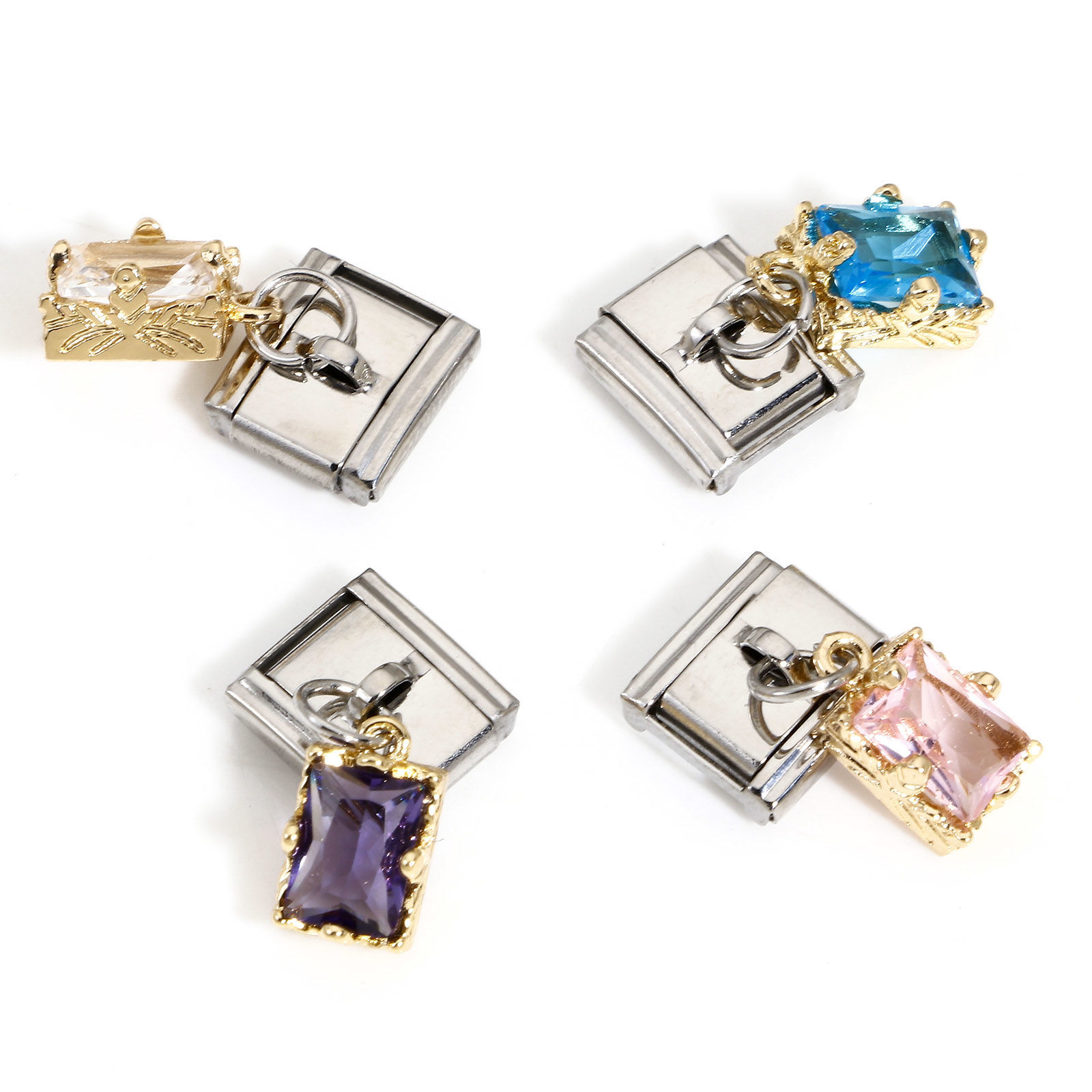 Picture of 304 Stainless Steel Italian Charm Links For DIY Bracelet Jewelry Making Silver Tone Rectangle With Pendant 10mm x 9mm