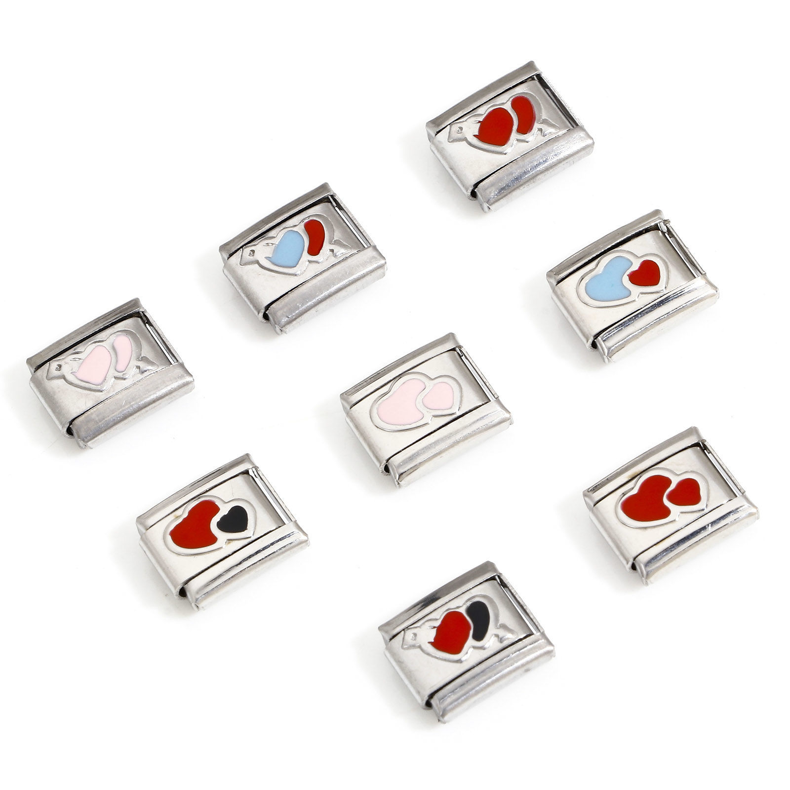 1 個 304ステンレス鋼 バレンタインデー ペンダント チャーム イタリアンリンク ブレスレット作り DIY ハンドメイド ジュエリーアクセサリー シルバートーン 長方形 ハート 心 エナメル 10mmx 9mm の画像