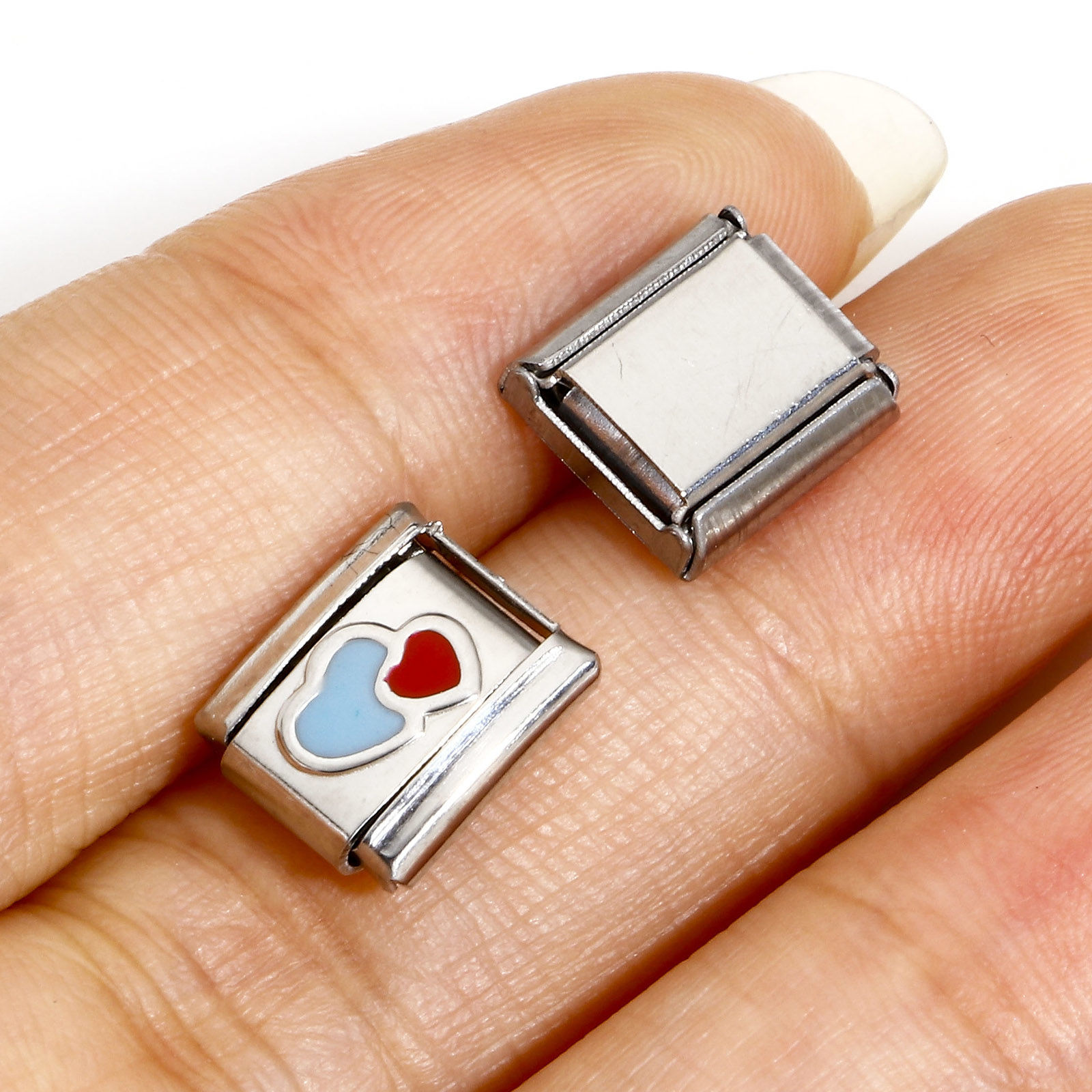 1 個 304ステンレス鋼 バレンタインデー ペンダント チャーム イタリアンリンク ブレスレット作り DIY ハンドメイド ジュエリーアクセサリー シルバートーン 長方形 ハート 心 エナメル 10mmx 9mm の画像