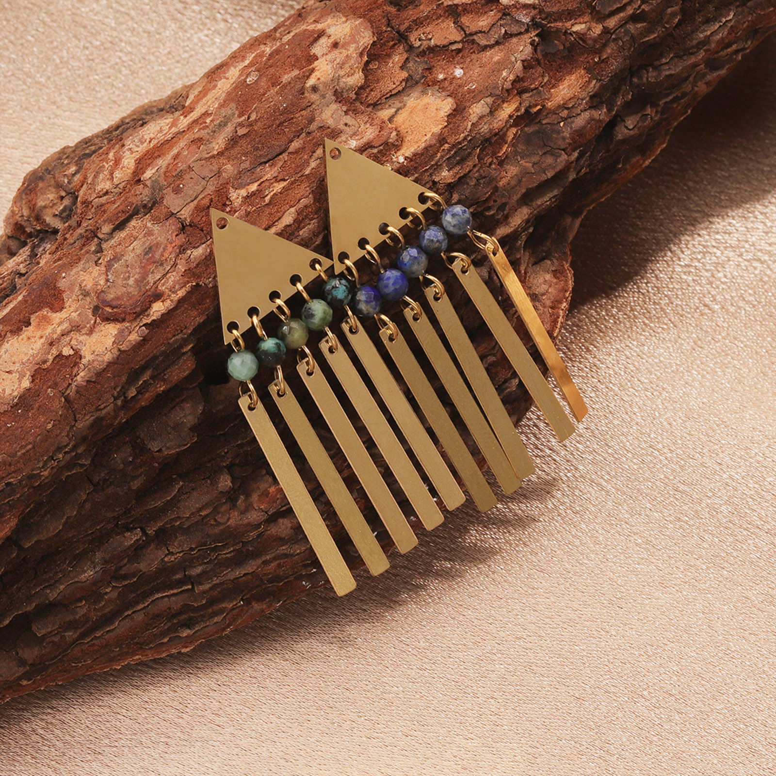 Picture of Eco-friendly Vacuum Plating 304 Stainless Steel & Stone Boho Chic Bohemia Charms 18K Gold Plated Triangle Tassel 46mm x 15mm