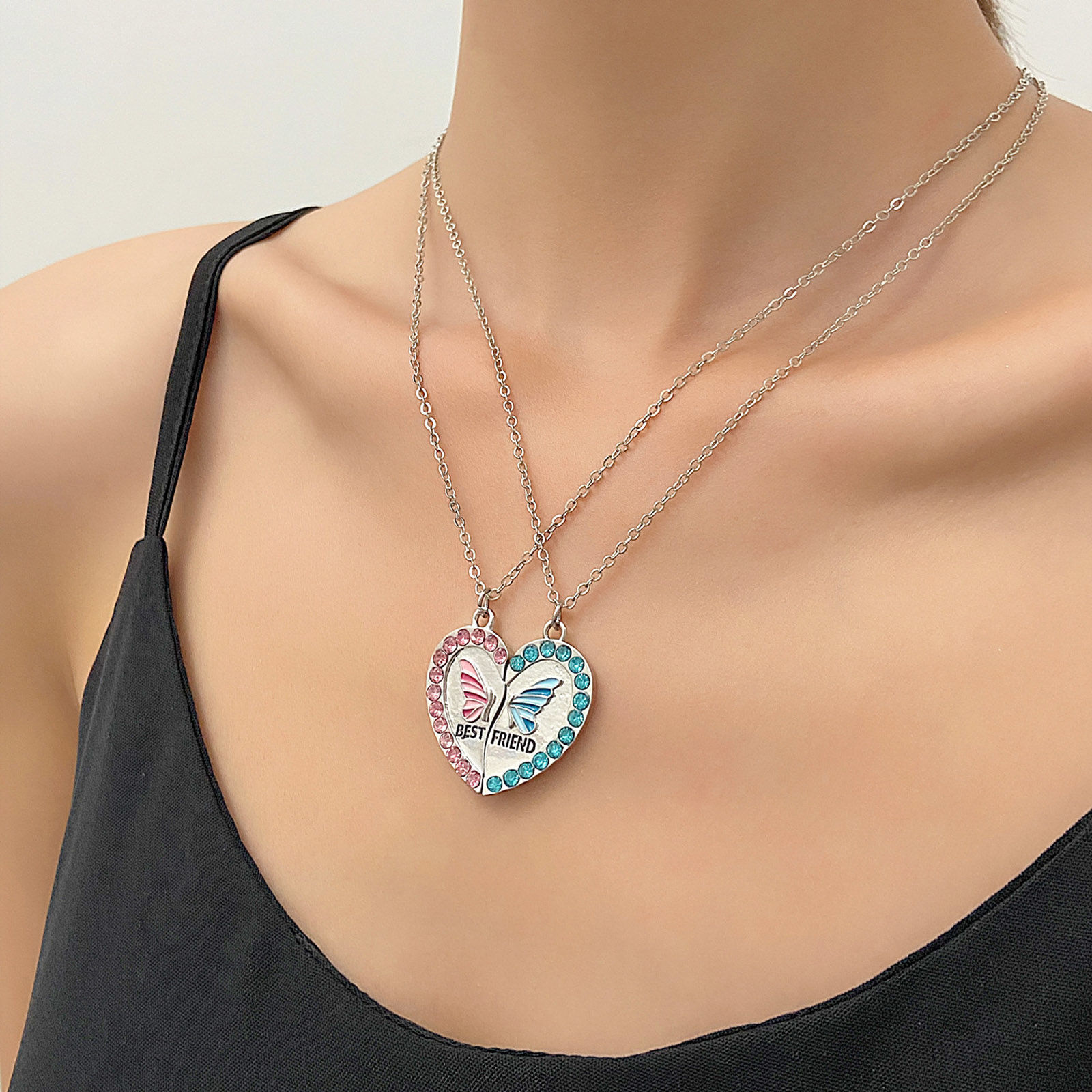 Picture of Best Friends Pendant Necklace Multicolor Broken Heart Flower Message " BEST FRIENDS " Enamel