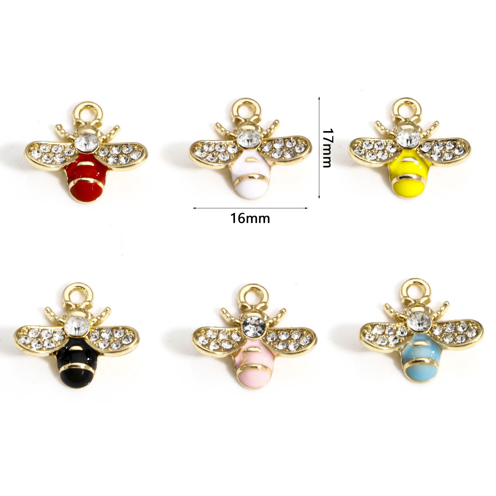 Picture of Zinc Based Alloy Insect Charms Gold Plated Multicolor Bee Animal Enamel Clear Rhinestone 17mm x 16mm