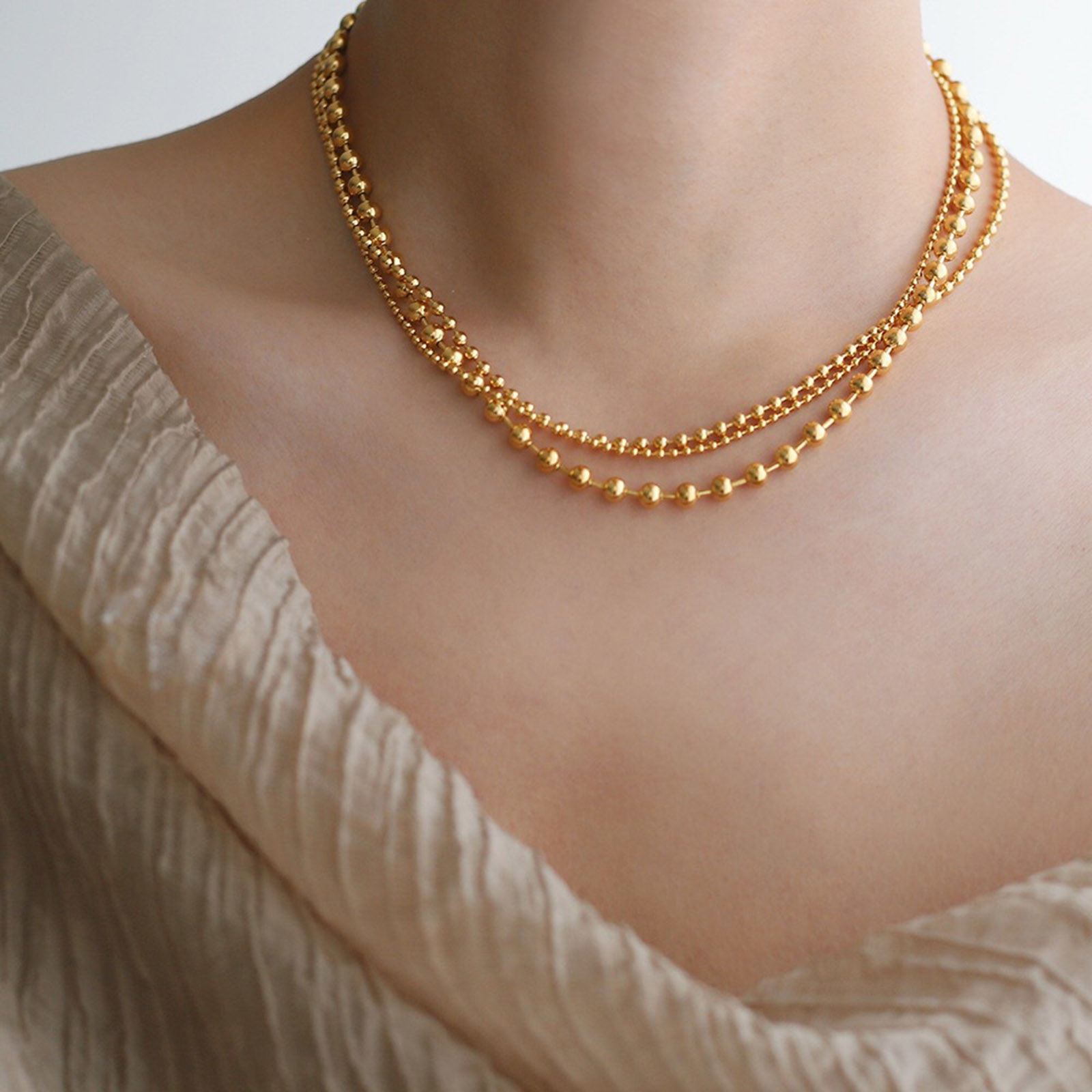 Picture of Eco-friendly Vacuum Plating Retro Simple Real Gold Plated 304 Stainless Steel Ball Chain Multilayer Layered Necklace For Women Party