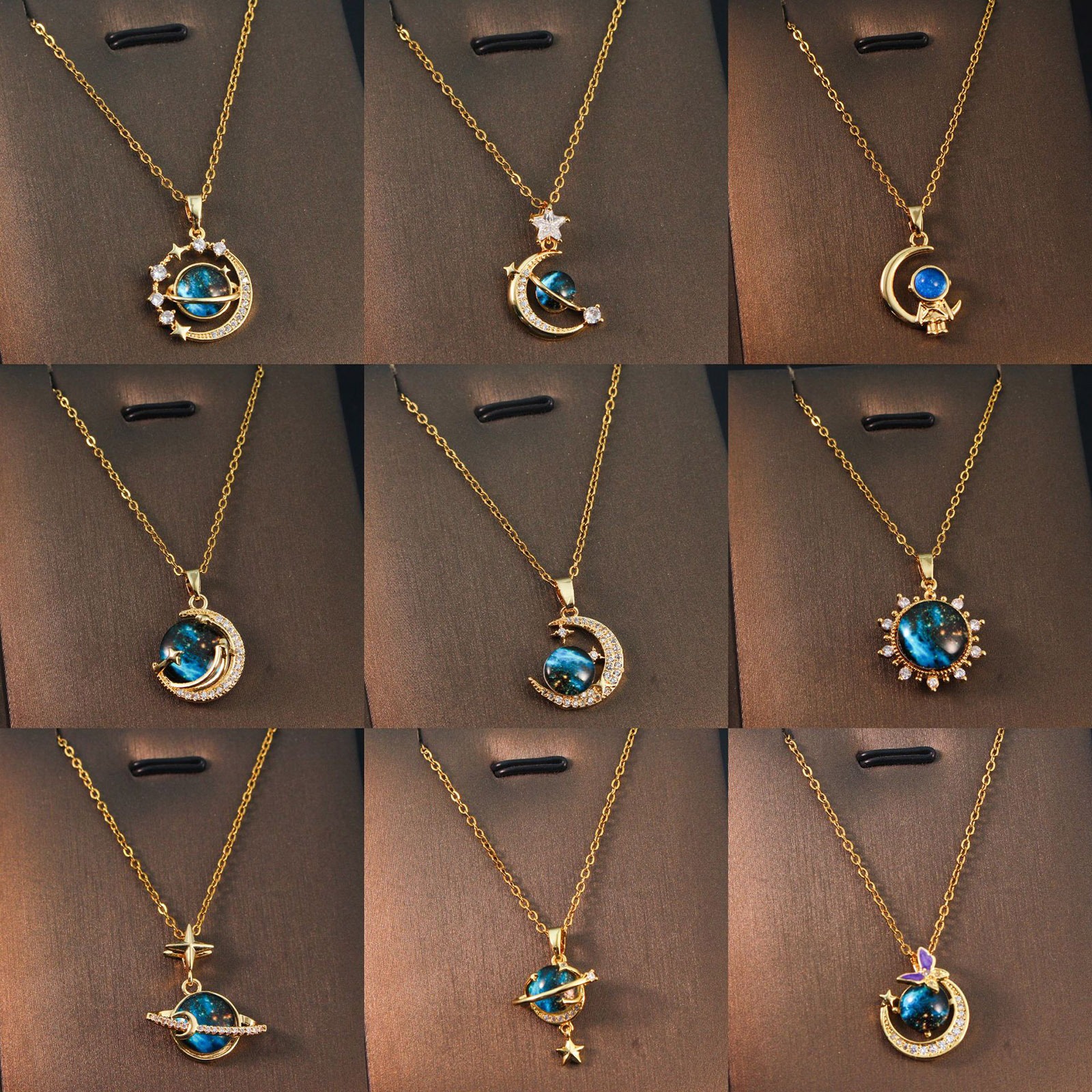 Picture of Eco-friendly Simple & Casual Galaxy 18K Gold Plated 304 Stainless Steel & Copper Link Cable Chain Planet Inlay Zircon Pendant Necklace For Women Party