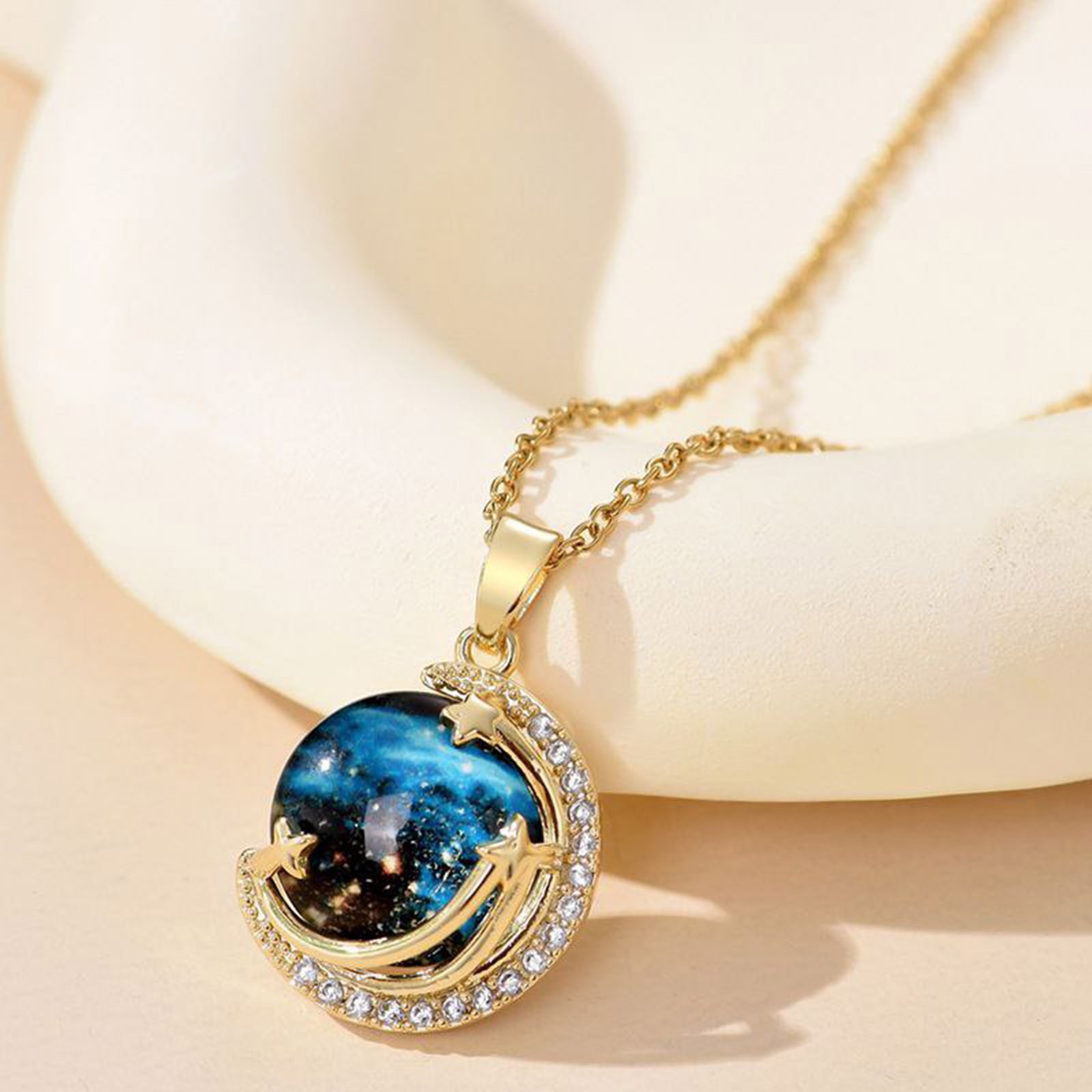 Picture of Eco-friendly Simple & Casual Galaxy 18K Gold Plated 304 Stainless Steel & Copper Link Cable Chain Planet Inlay Zircon Pendant Necklace For Women Party