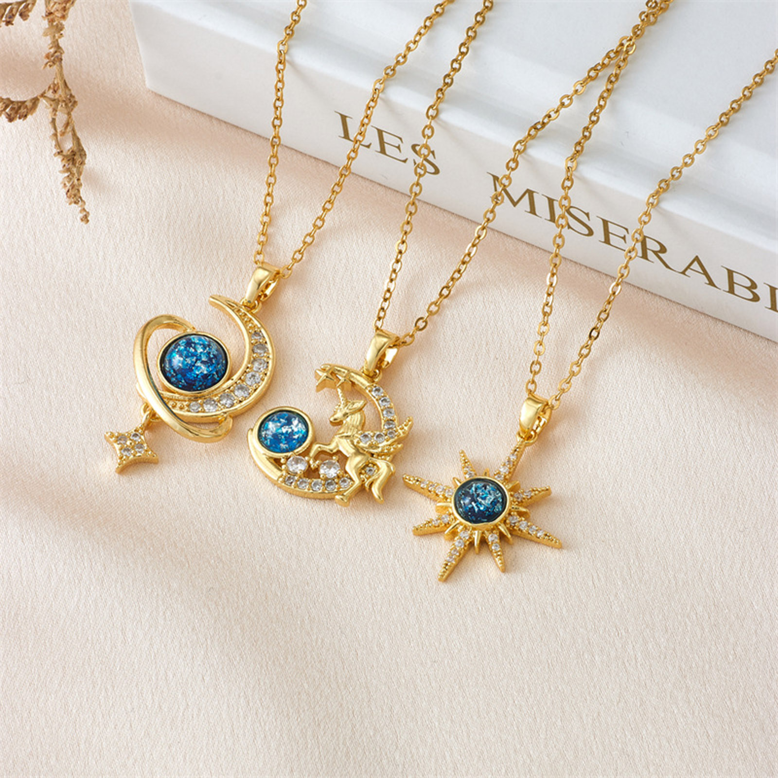 Picture of Eco-friendly Simple & Casual Galaxy 18K Gold Plated 304 Stainless Steel & Copper Link Cable Chain Planet Inlay Zircon Pendant Necklace For Women Party