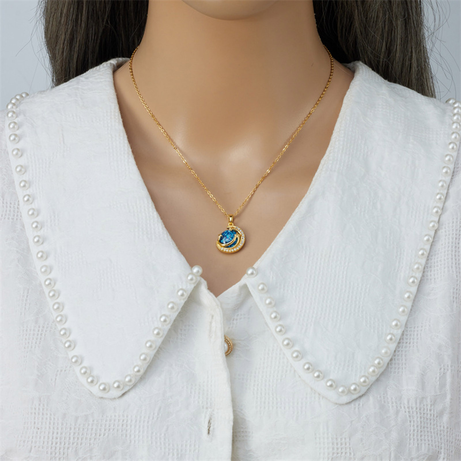 Picture of Eco-friendly Simple & Casual Galaxy 18K Gold Plated 304 Stainless Steel & Copper Link Cable Chain Planet Inlay Zircon Pendant Necklace For Women Party