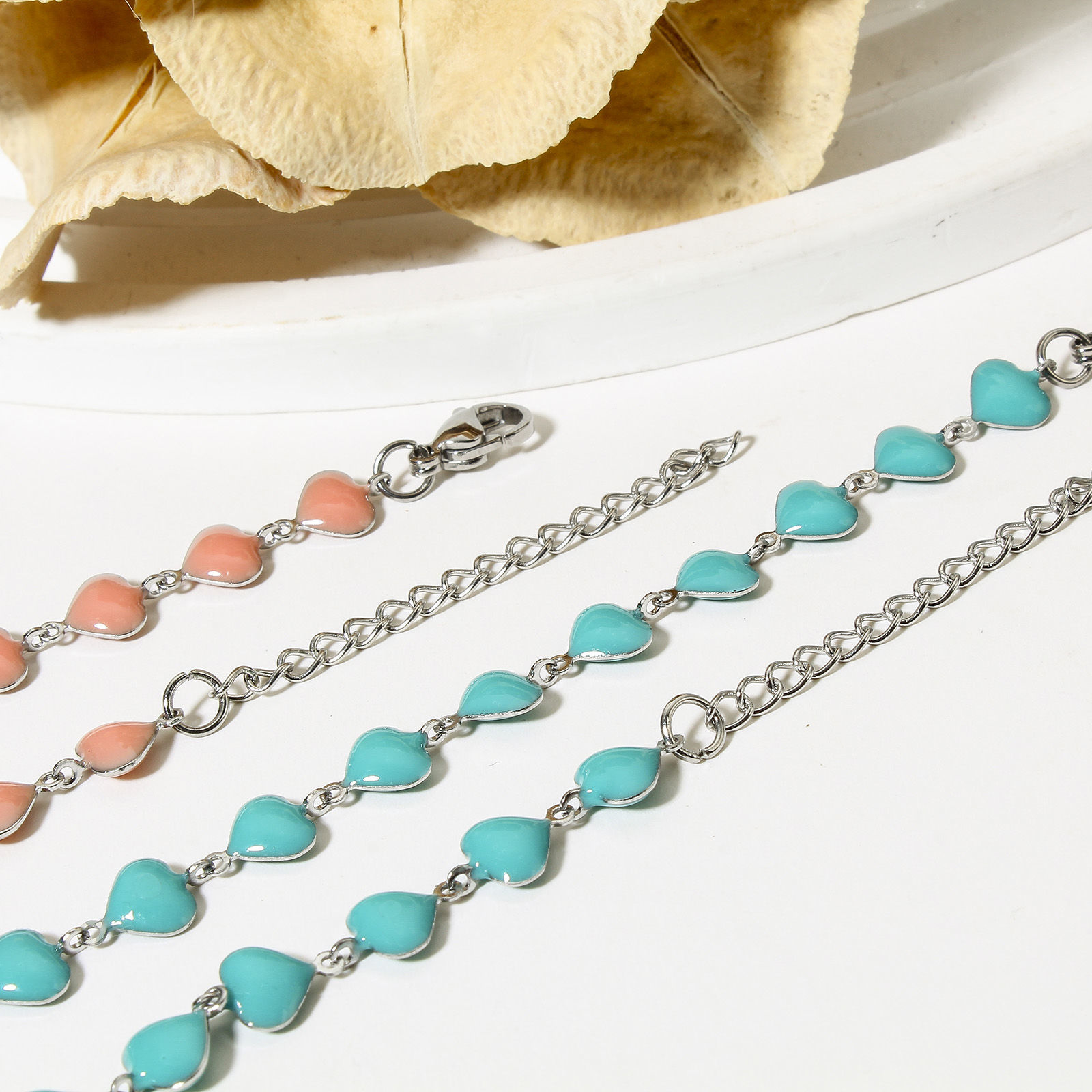 Picture of 304 Stainless Steel Valentine's Day Handmade Link Chain Necklace For DIY Jewelry Making Heart Silver Tone Double-sided Enamel 45cm(17 6/8") long, Chain Size: 7mm