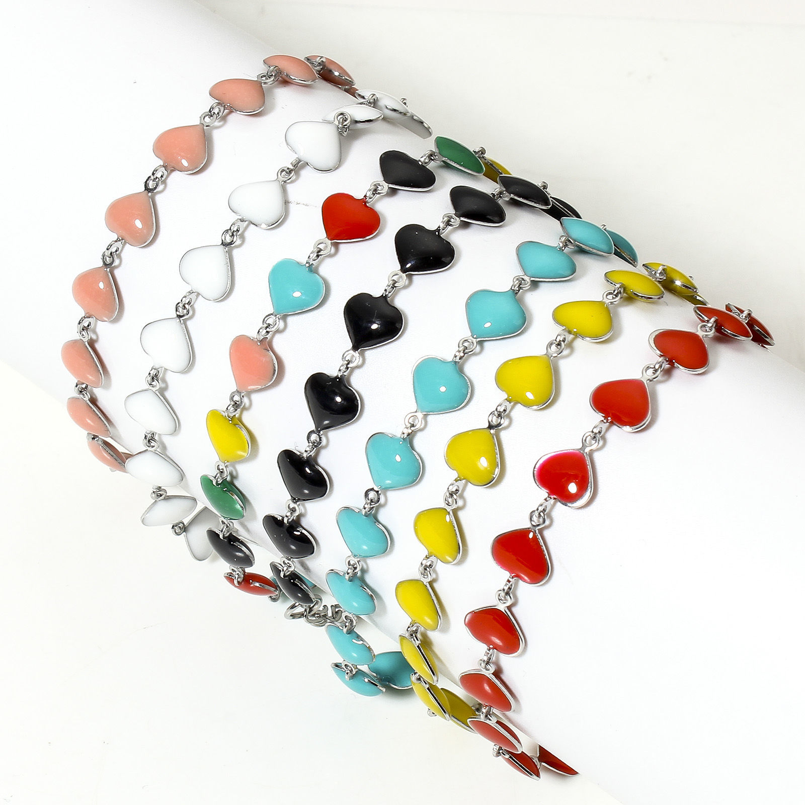 Picture of 304 Stainless Steel Valentine's Day Handmade Link Chain Bracelets Silver Tone Heart Double-sided Enamel 17cm(6 6/8") long, 7mm Dia.