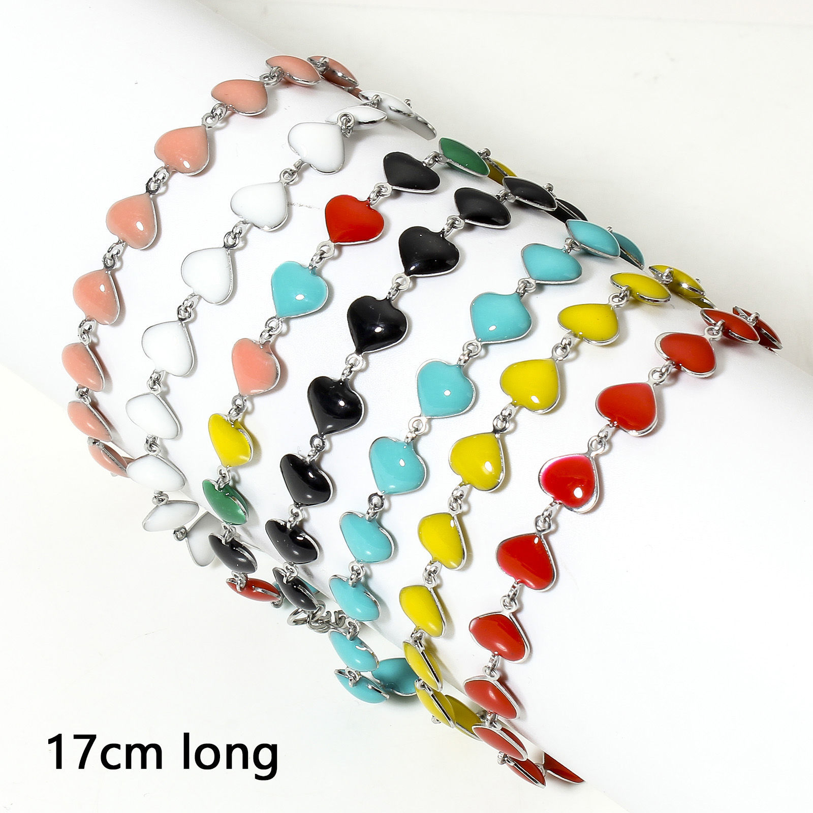 Picture of 304 Stainless Steel Valentine's Day Handmade Link Chain Bracelets Silver Tone Heart Double-sided Enamel 17cm(6 6/8") long, 7mm Dia.