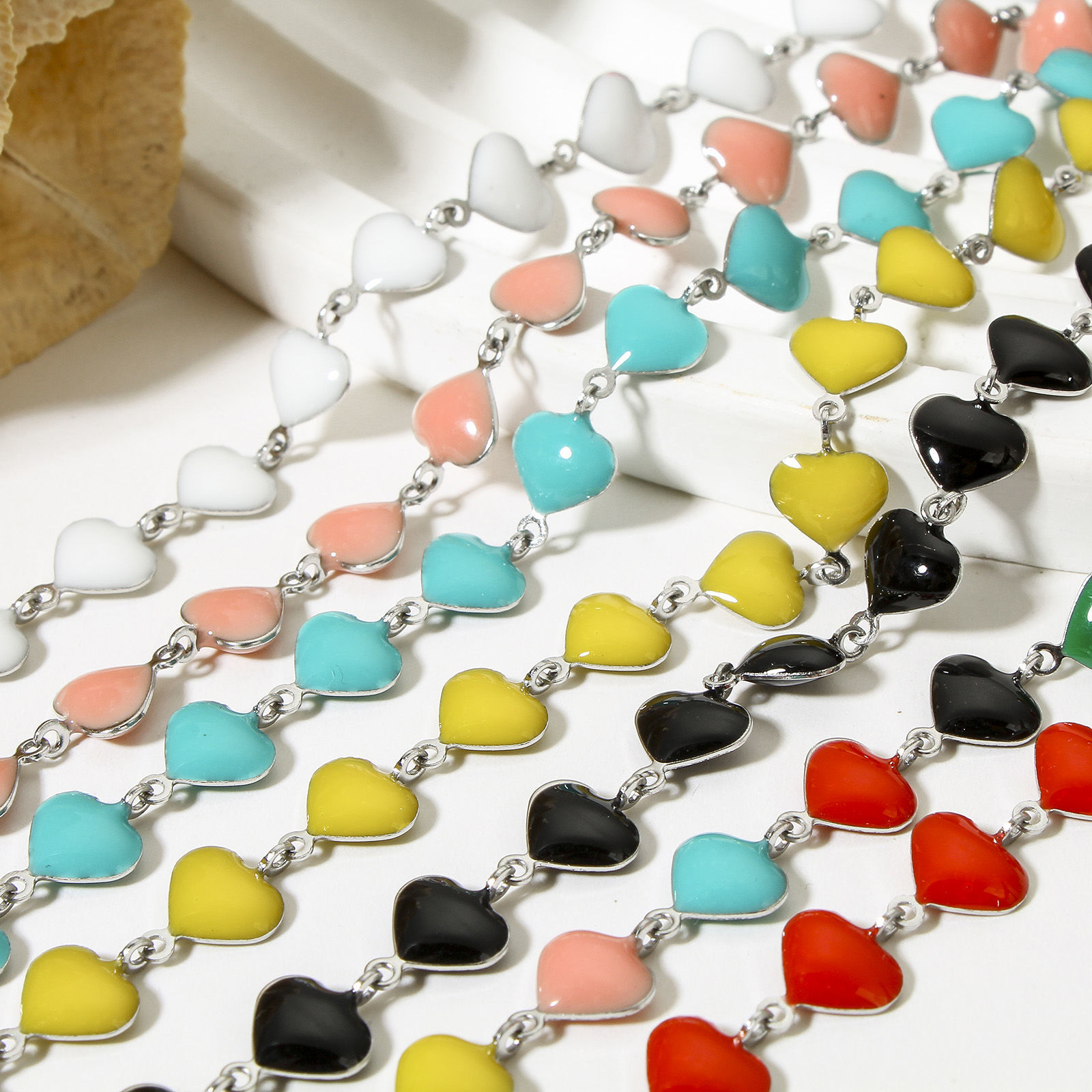 Picture of 304 Stainless Steel Valentine's Day Handmade Link Chain Bracelets Silver Tone Heart Double-sided Enamel 17cm(6 6/8") long, 7mm Dia.