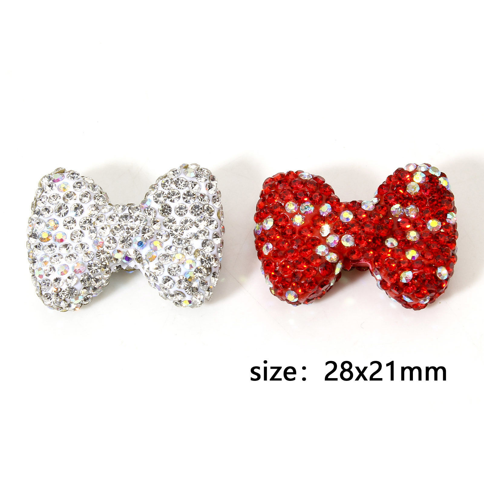 Imagen de 2 Unidades Arcilla Cuentas para la Fabricación de Joyas con Dijes de Bricolaje Bowknot AB Color Rhinestone Rhinestone 28mm x 21mm, Agujero: Aprox 1.6mm