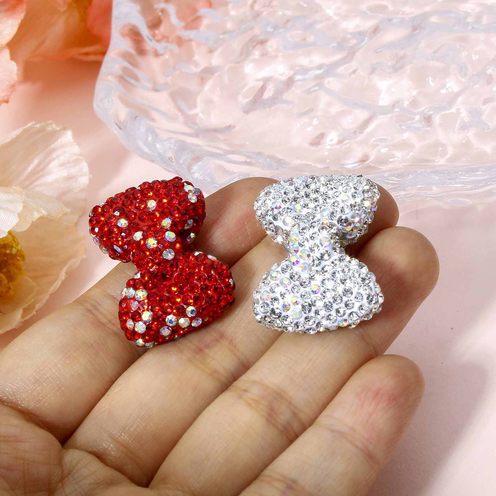 Imagen de 2 Unidades Arcilla Cuentas para la Fabricación de Joyas con Dijes de Bricolaje Bowknot AB Color Rhinestone Rhinestone 28mm x 21mm, Agujero: Aprox 1.6mm