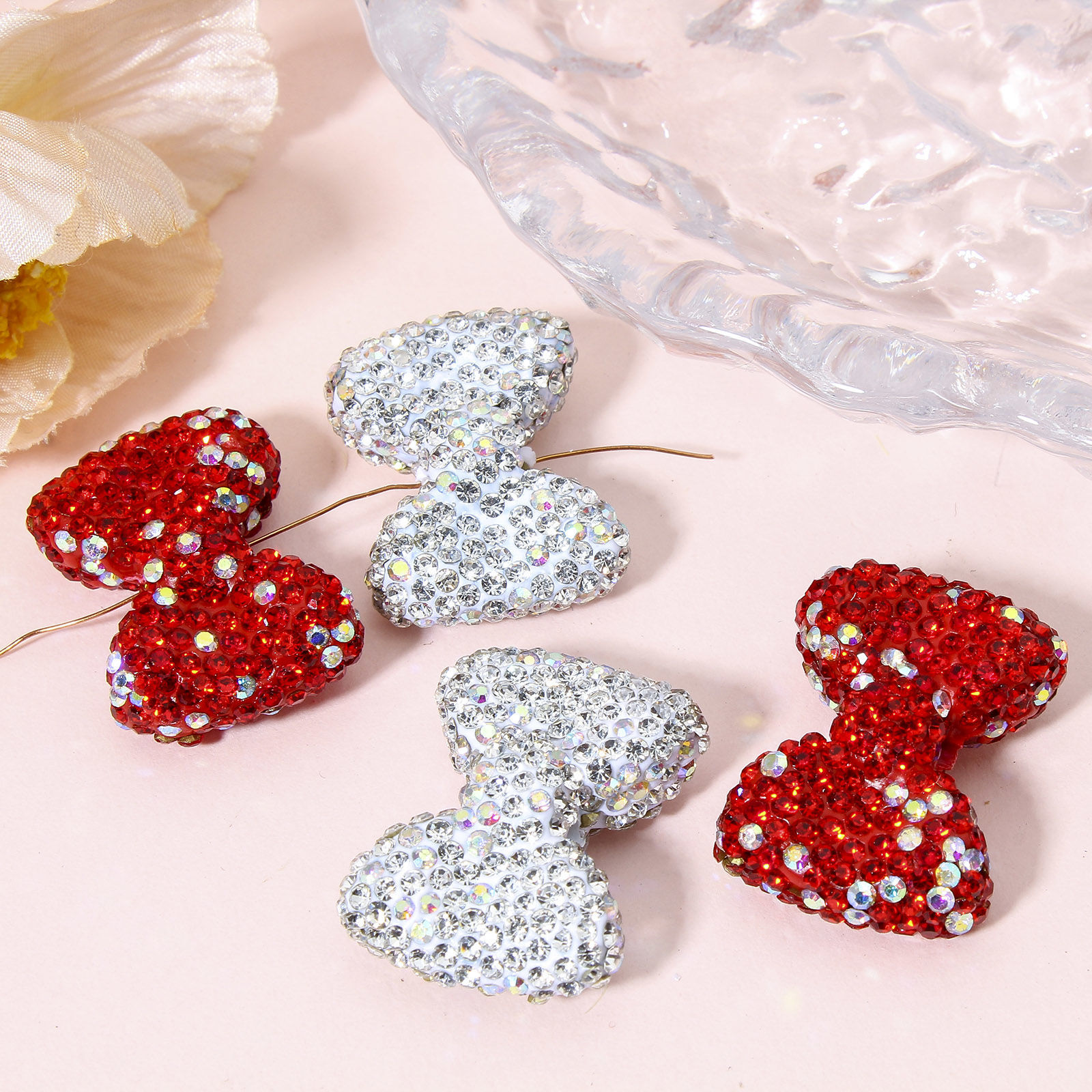 Imagen de 2 Unidades Arcilla Cuentas para la Fabricación de Joyas con Dijes de Bricolaje Bowknot AB Color Rhinestone Rhinestone 28mm x 21mm, Agujero: Aprox 1.6mm
