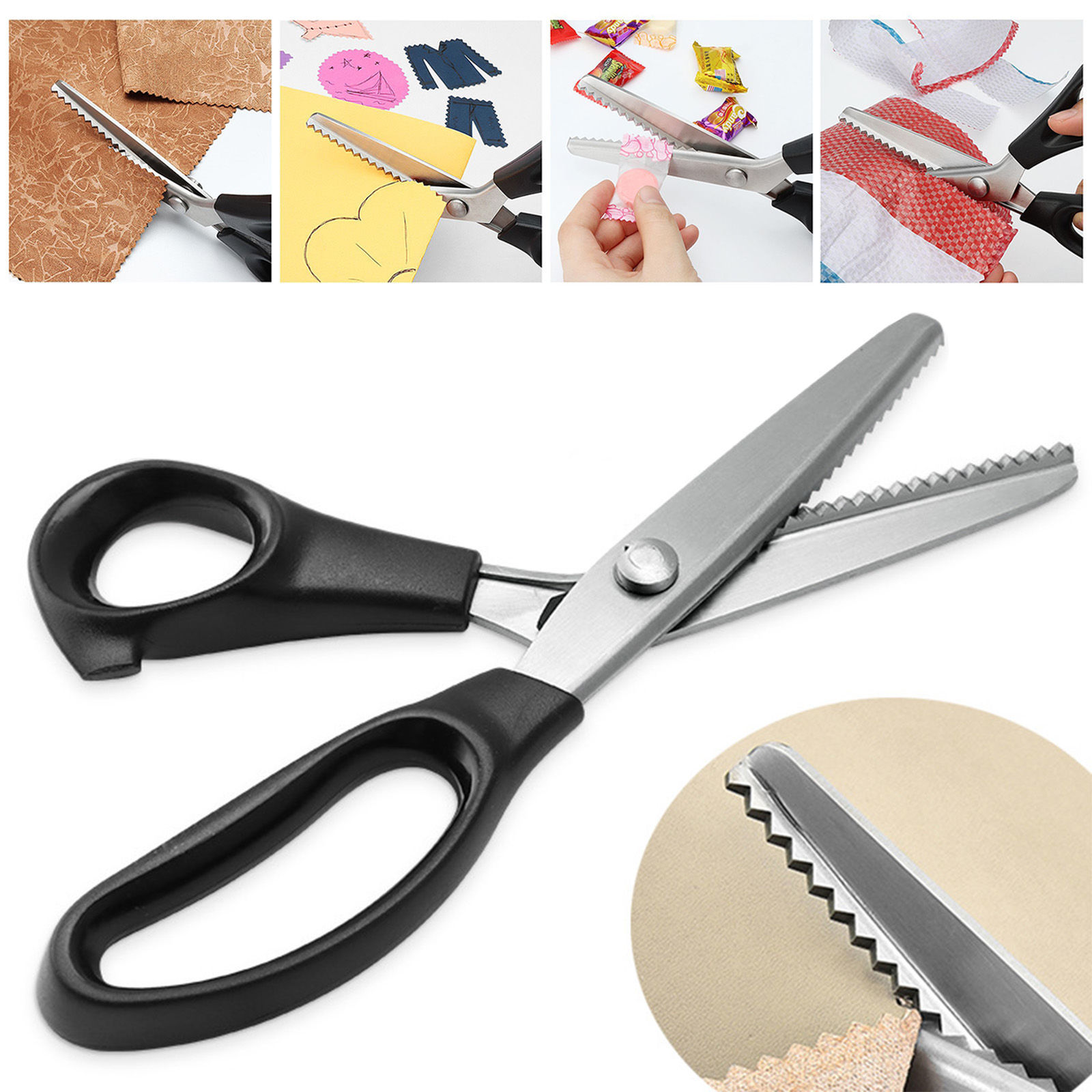 Picture of Stainless Steel & Plastic Triangle Teeth Lace Cloth Crafts Dressmaking Zig Zag Cut Tailor's Scissors Sewing Shears Silver Tone Black 23.5cm x 8.8cm