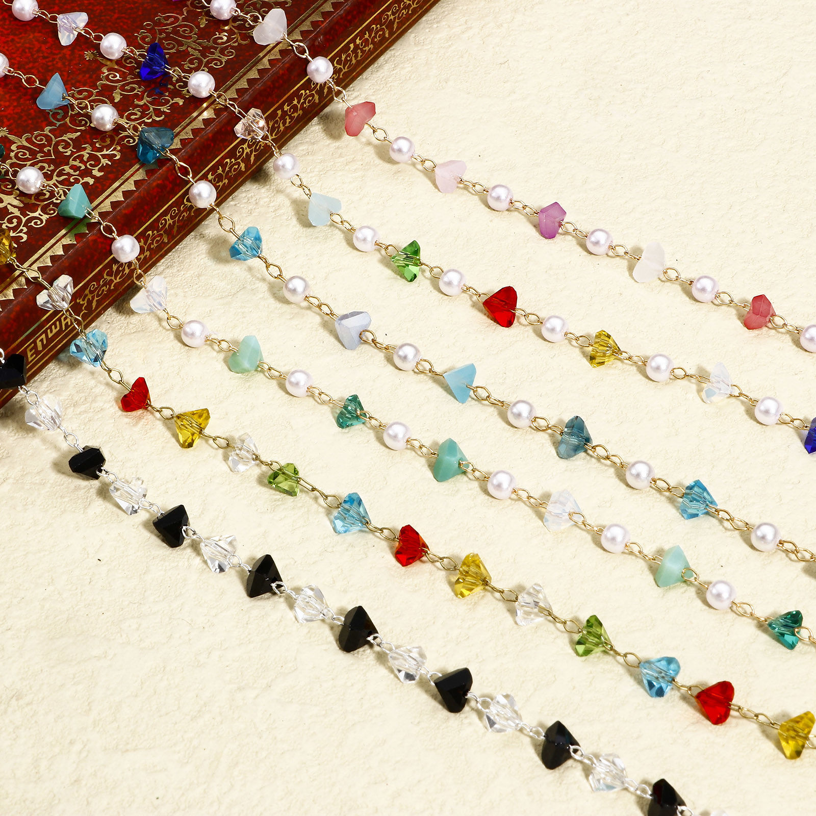 Bild von 1 Meter Kupfer + Glas Gliederkette Kette Silberfarbe Bunt Unregelmäßig 6mm