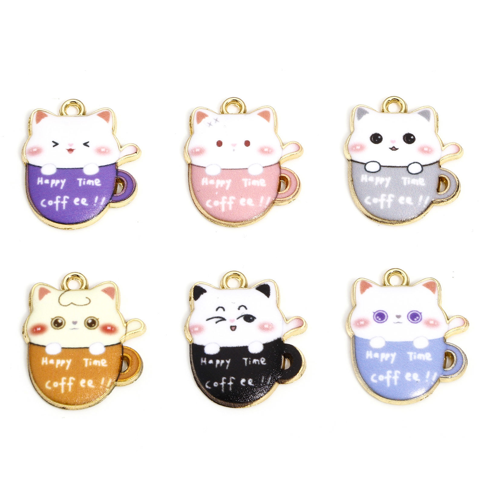 Bild von 10 Stück Zinklegierung Charms Vergoldet Bunt Tasse Katze Emaille 23mm x 19mm