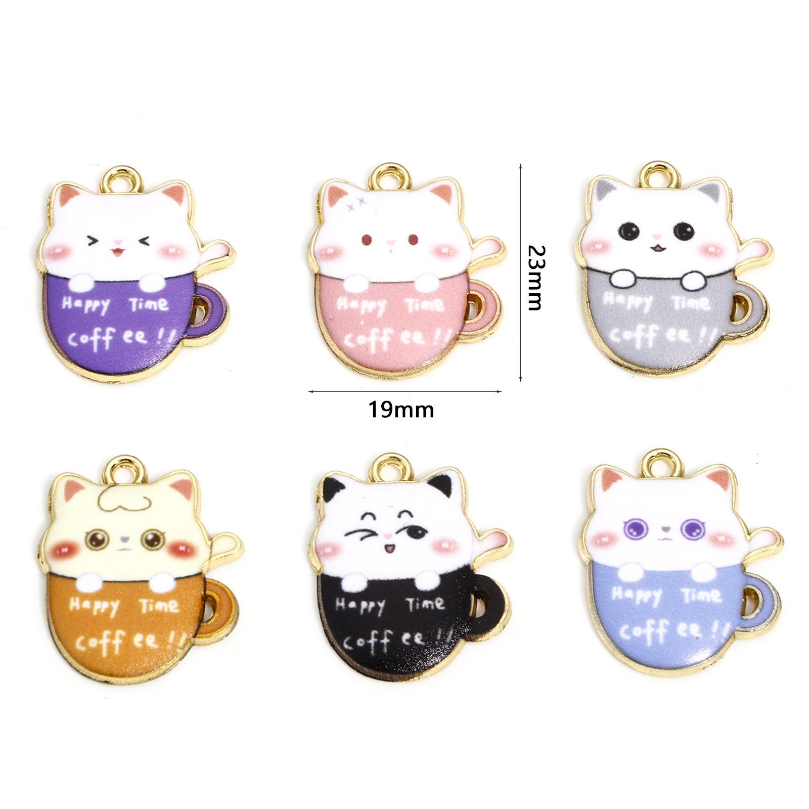Bild von 10 Stück Zinklegierung Charms Vergoldet Bunt Tasse Katze Emaille 23mm x 19mm