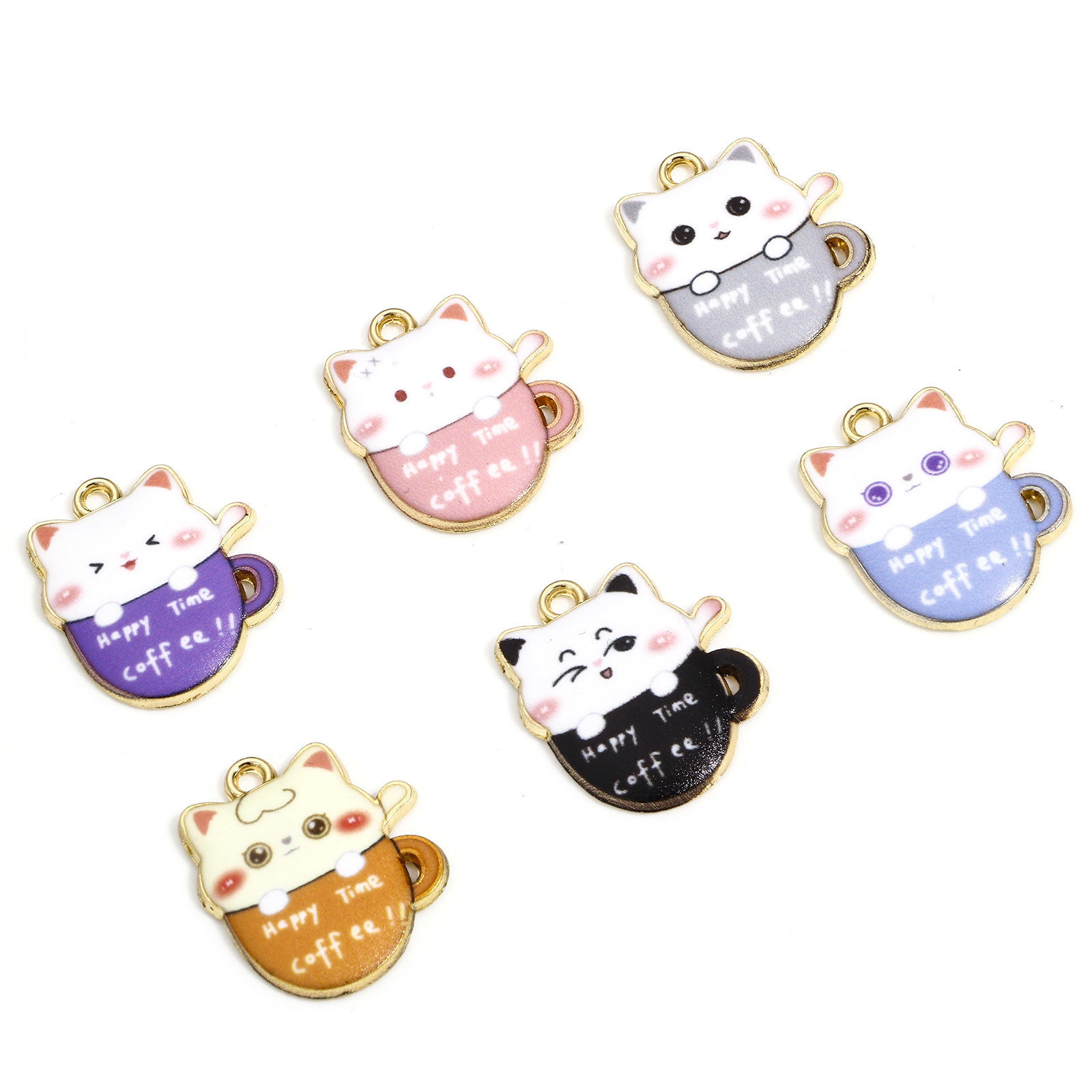 Bild von 10 Stück Zinklegierung Charms Vergoldet Bunt Tasse Katze Emaille 23mm x 19mm