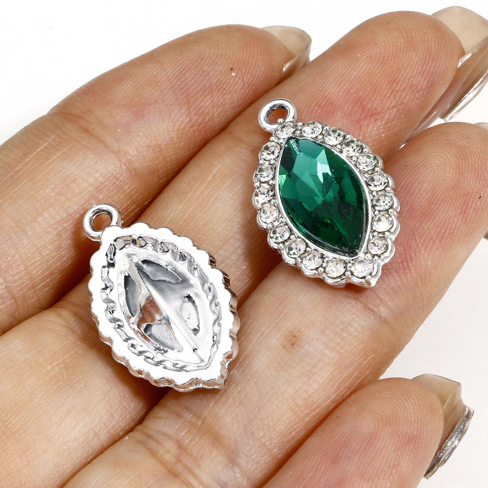 Picture of Zinc Based Alloy Charms Silver Tone Multicolor Marquise With Glass Cabochons Clear Rhinestone 25mm x 13mm