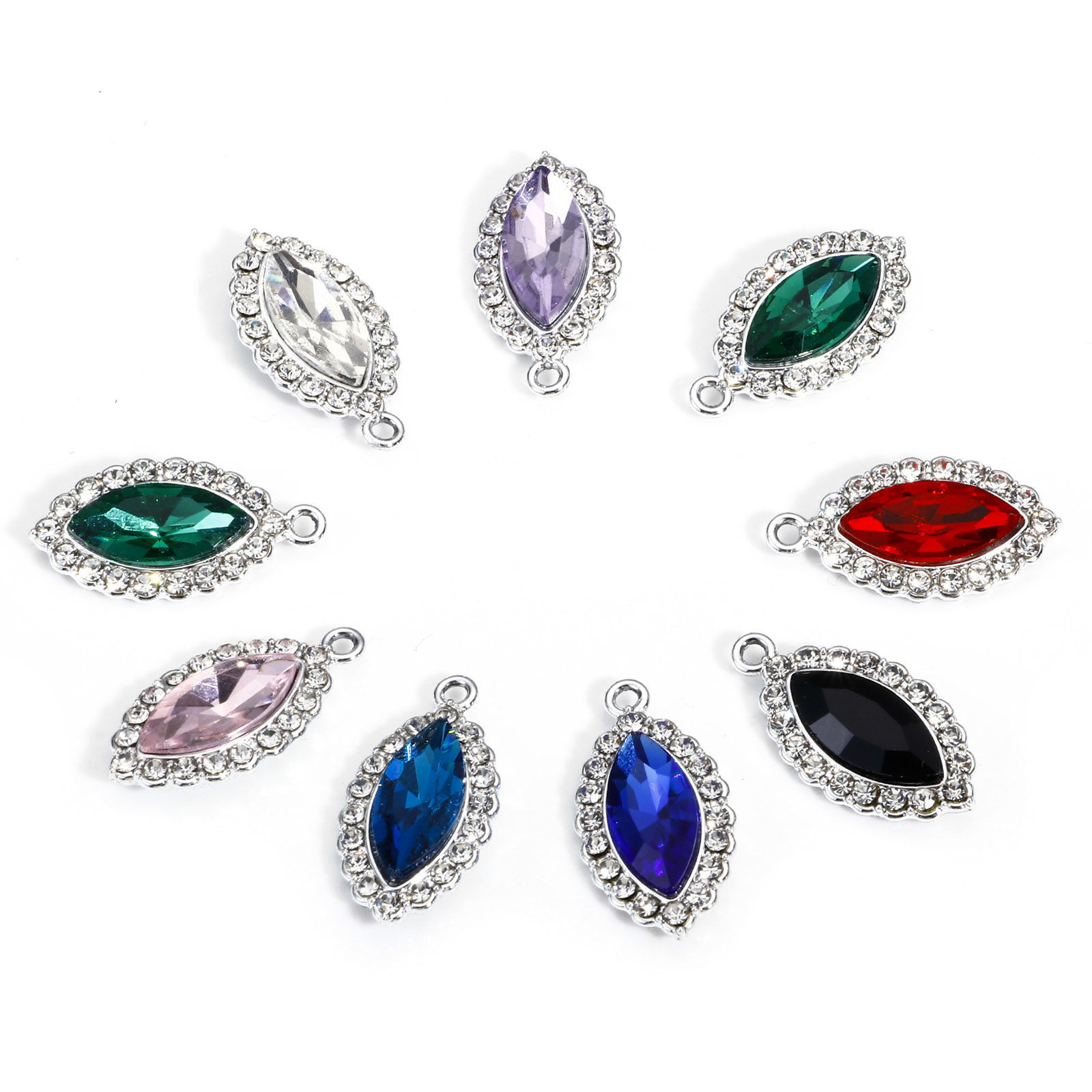 Picture of Zinc Based Alloy Charms Silver Tone Multicolor Marquise With Glass Cabochons Clear Rhinestone 25mm x 13mm