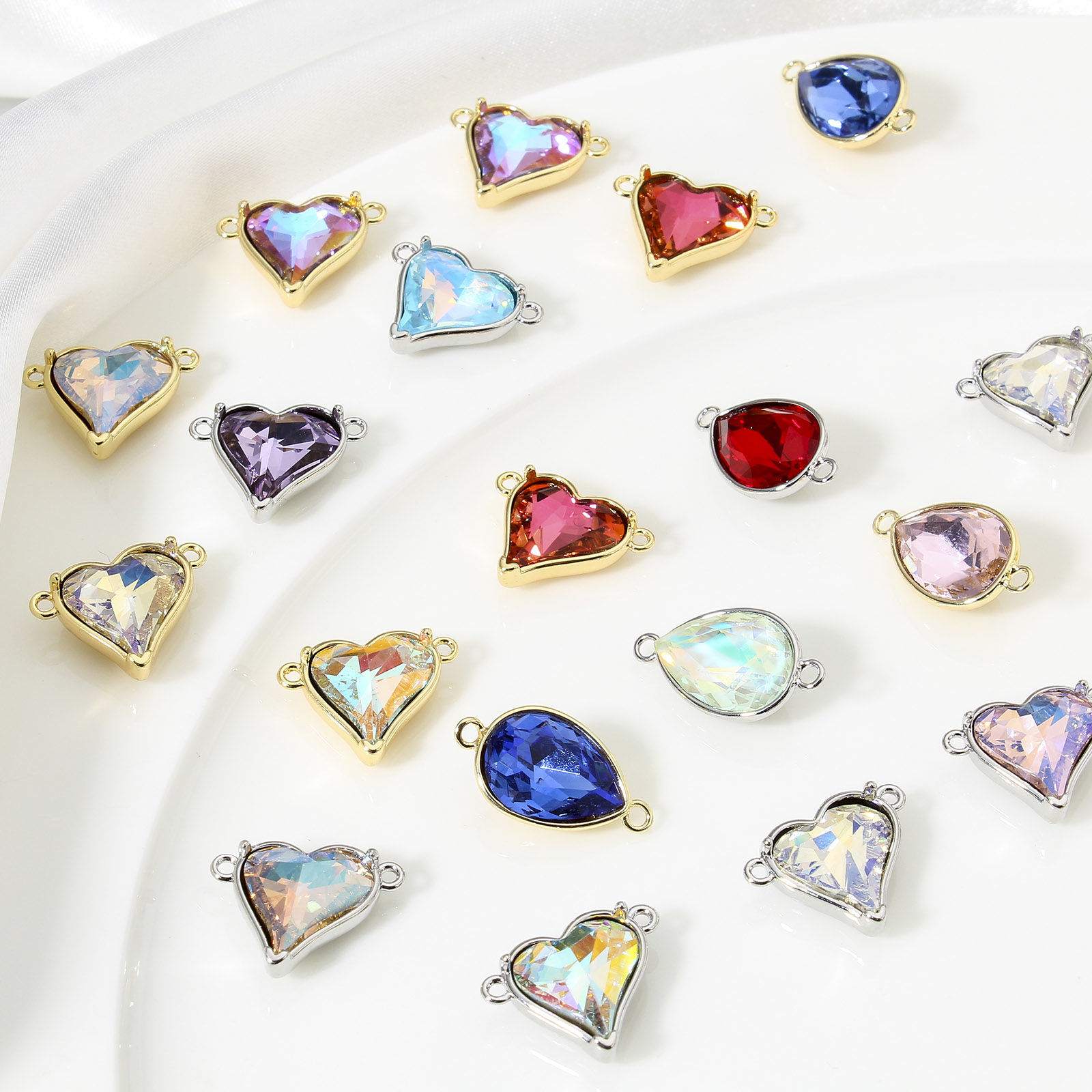 Picture of Brass & Cubic Zirconia Connectors Charms Pendants Heart Drop Real Gold Plated Multicolor