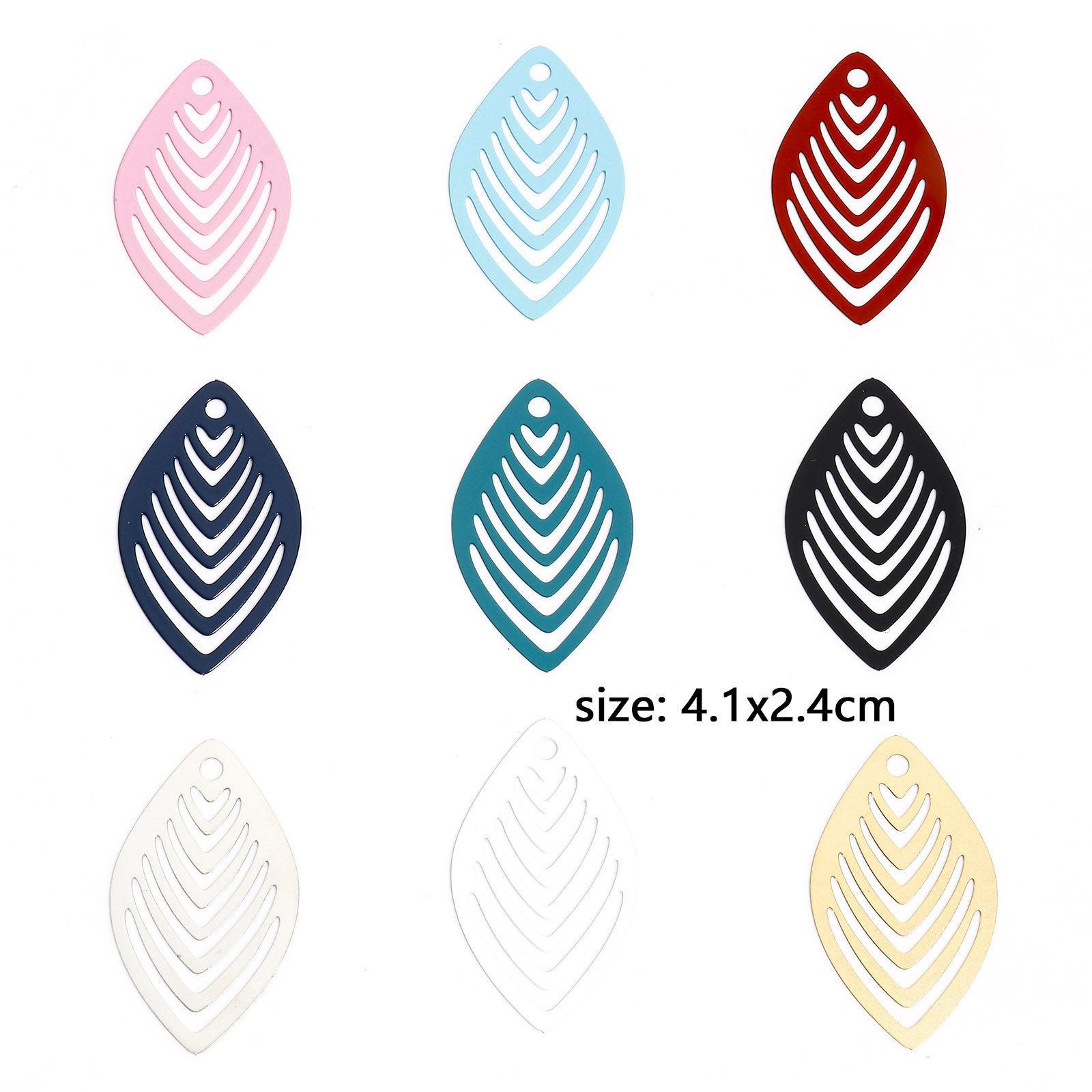 Image de 10 Pcs Pendentifs Estampe en Filigrane en Alliage de Fer Multicolore Feuille Rayées Creux 4.1cm x 2.4cm