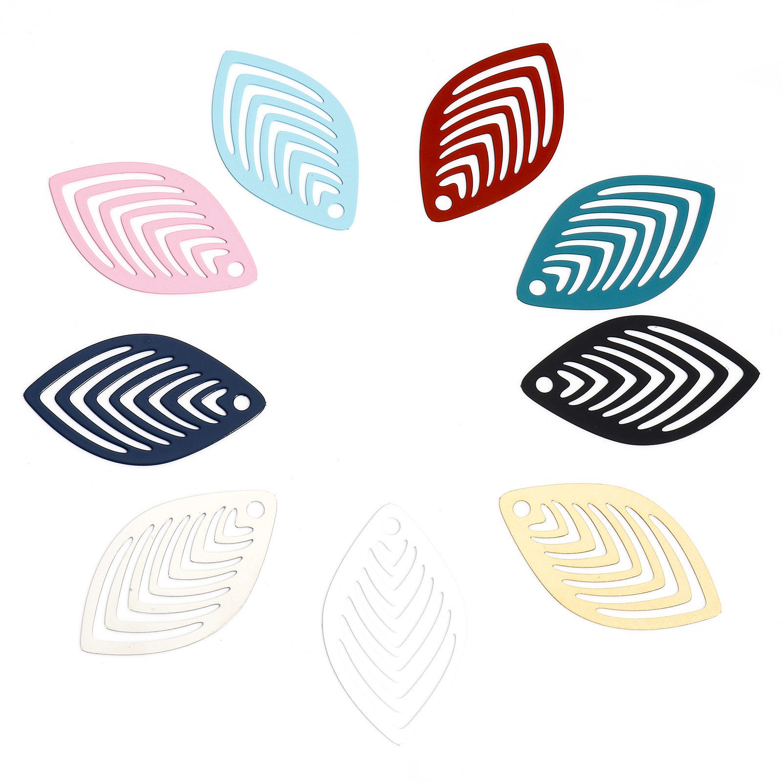 Image de 10 Pcs Pendentifs Estampe en Filigrane en Alliage de Fer Multicolore Feuille Rayées Creux 4.1cm x 2.4cm