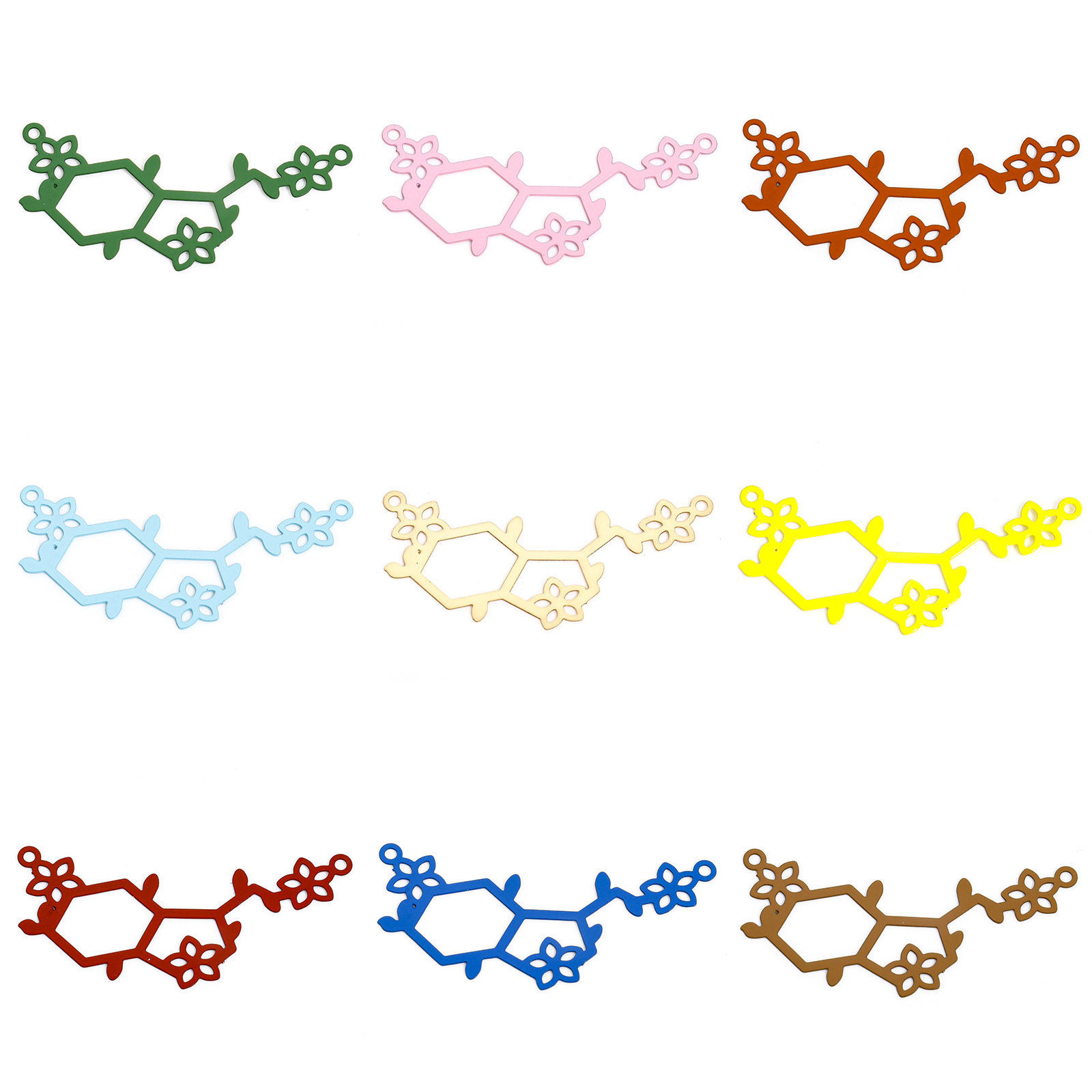 Picture of Iron Based Alloy Painted Filigree Stamping Connectors Charms Pendants Multicolor Branch Flower Hollow 3.8cm x 1.7cm