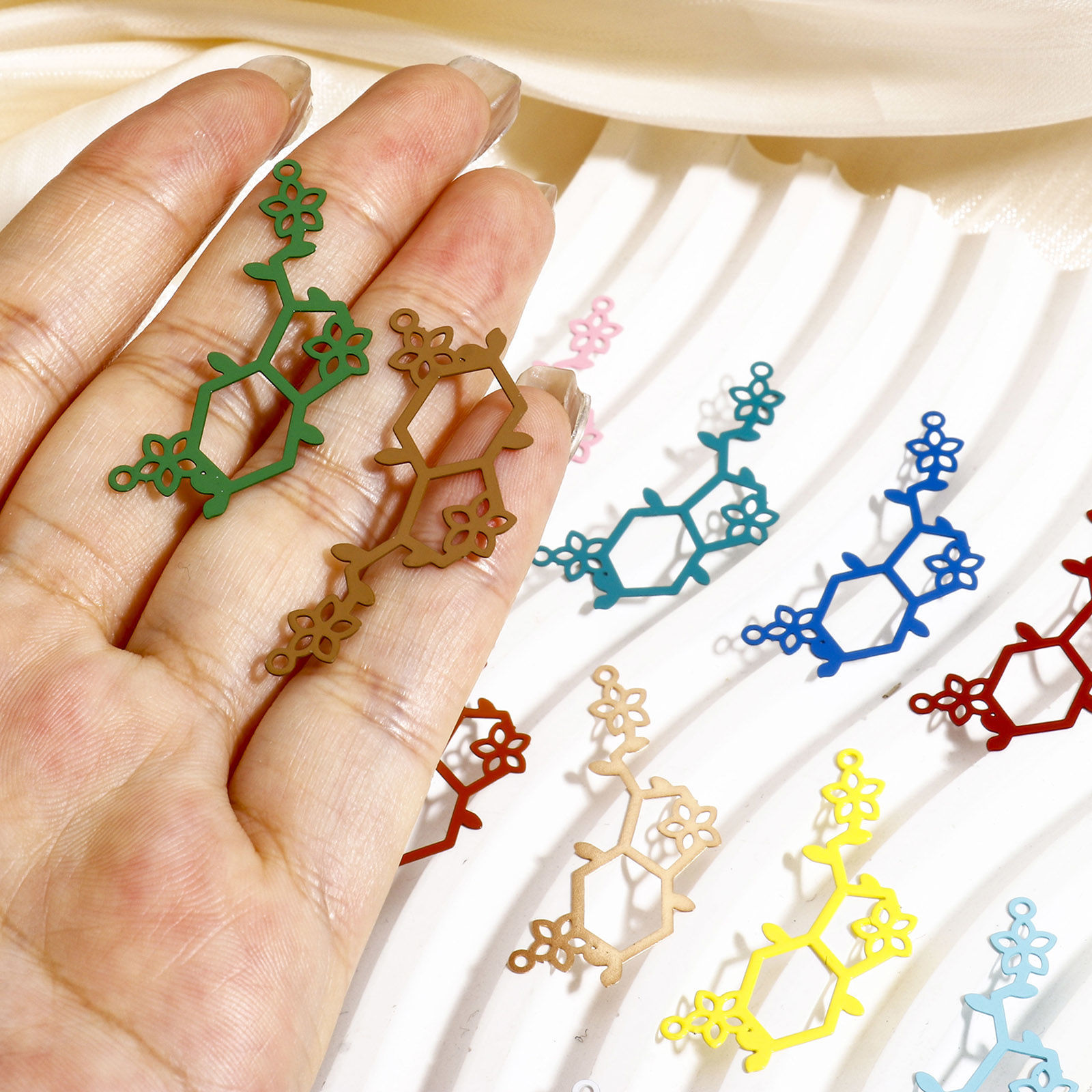 Picture of Iron Based Alloy Painted Filigree Stamping Connectors Charms Pendants Multicolor Branch Flower Hollow 3.8cm x 1.7cm