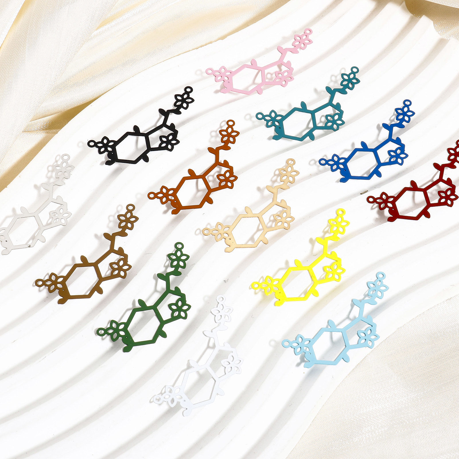 Picture of Iron Based Alloy Painted Filigree Stamping Connectors Charms Pendants Multicolor Branch Flower Hollow 3.8cm x 1.7cm