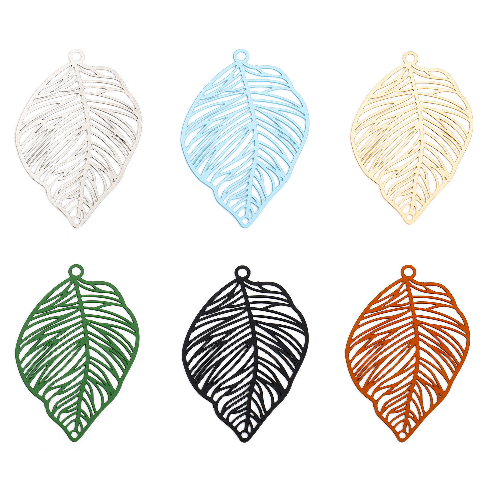 Picture of Iron Based Alloy Painted Filigree Stamping Connectors Charms Pendants Multicolor Leaf Hollow 3.7cm x 2.5cm