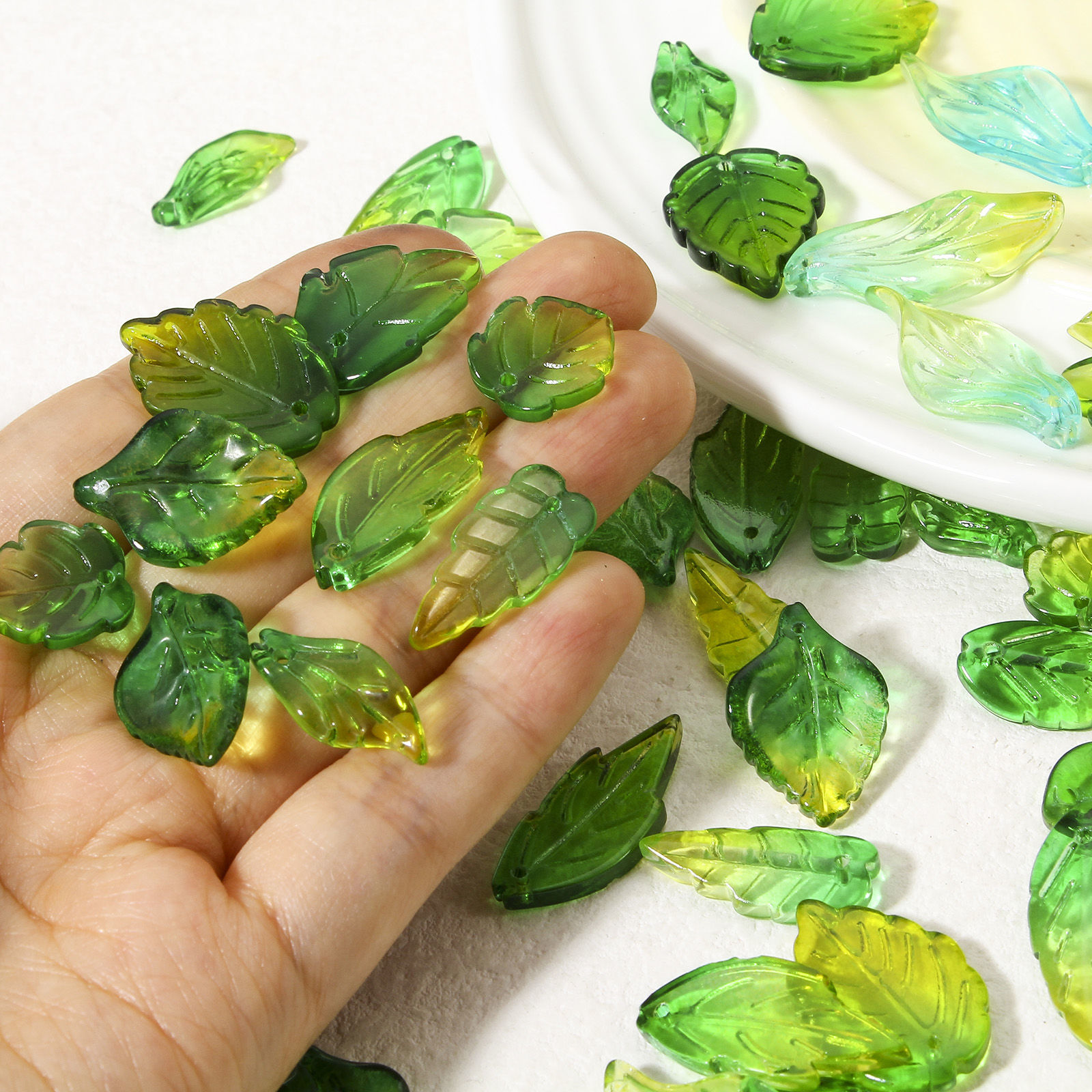 Picture of Lampwork Glass Charms Green & Yellow Leaf Gradient Color