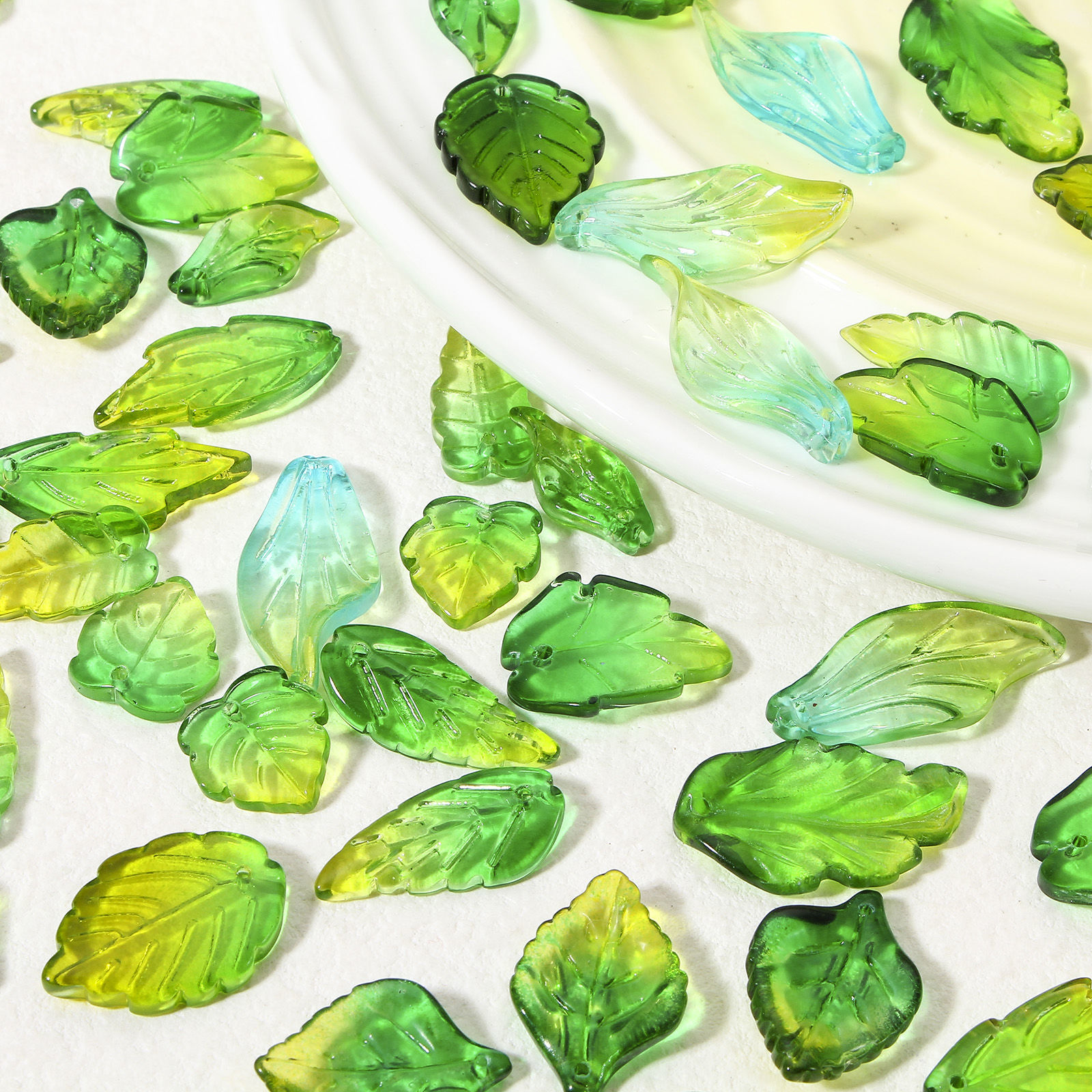 Picture of Lampwork Glass Charms Green & Yellow Leaf Gradient Color