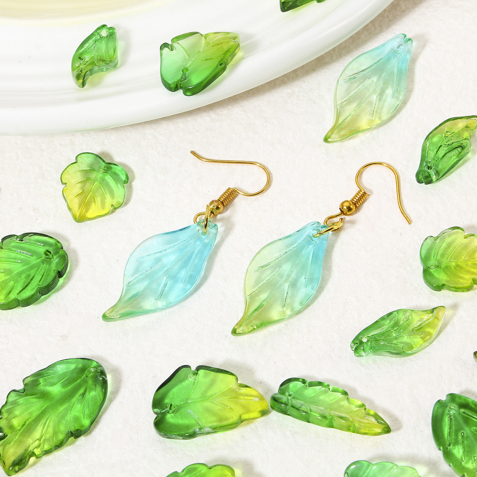 Picture of Lampwork Glass Charms Green & Yellow Leaf Gradient Color