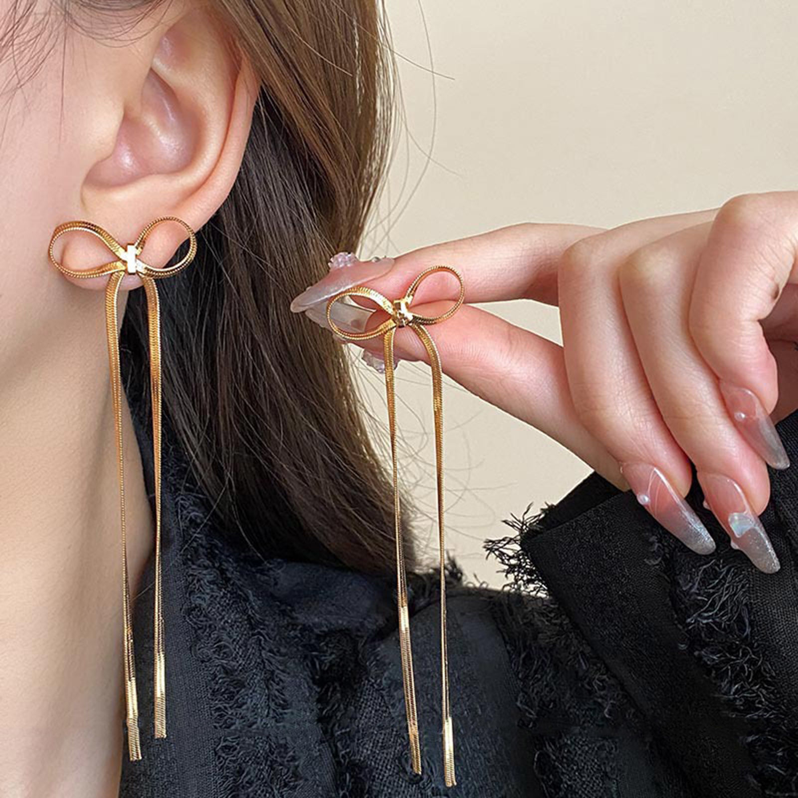 Picture of Copper Ins Style Ear Post Stud Earrings Tassel Bowknot Multicolor