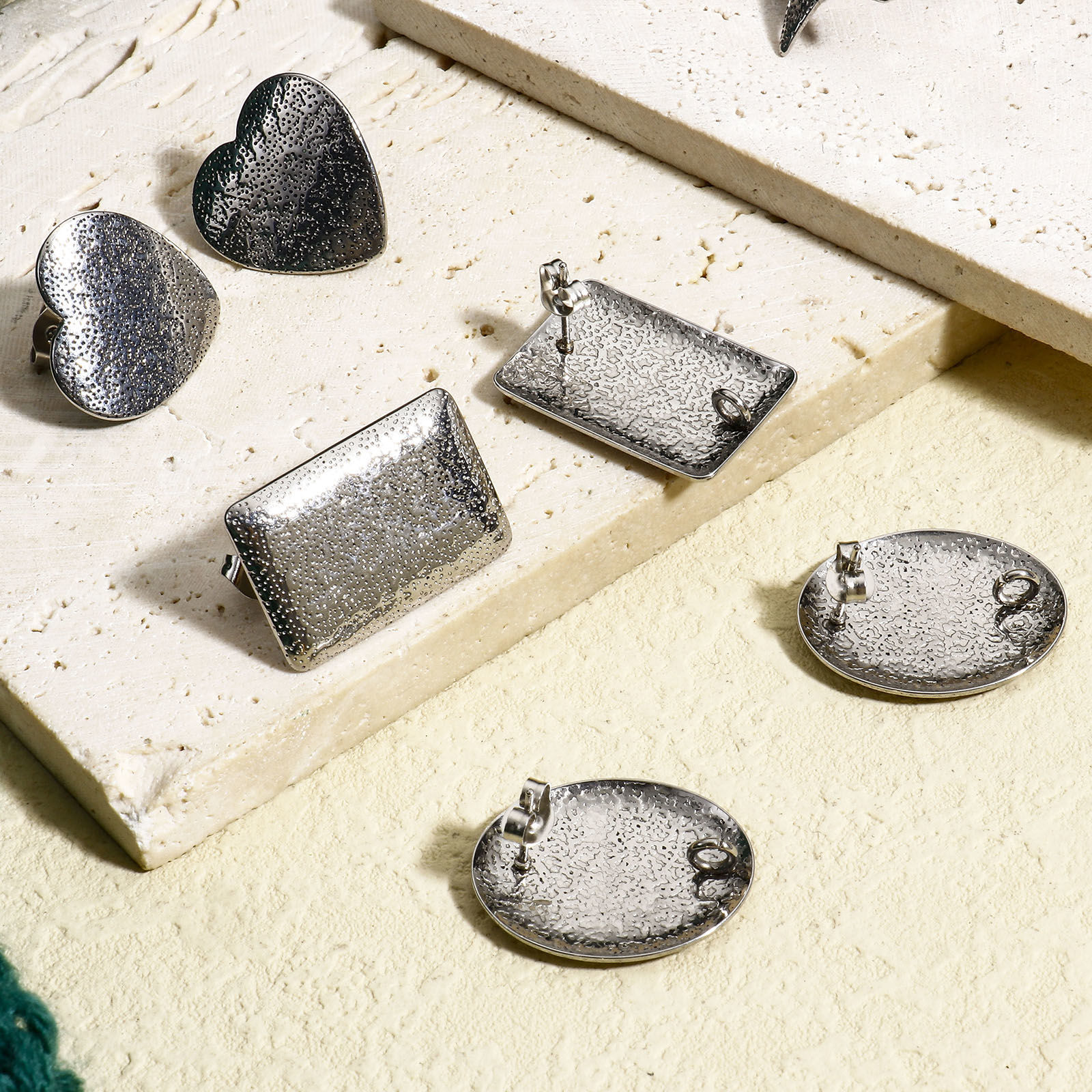 Picture of 304 Stainless Steel Ear Post Stud Earring With Loop Connector Accessories Geometric Silver Tone Texture With Stoppers