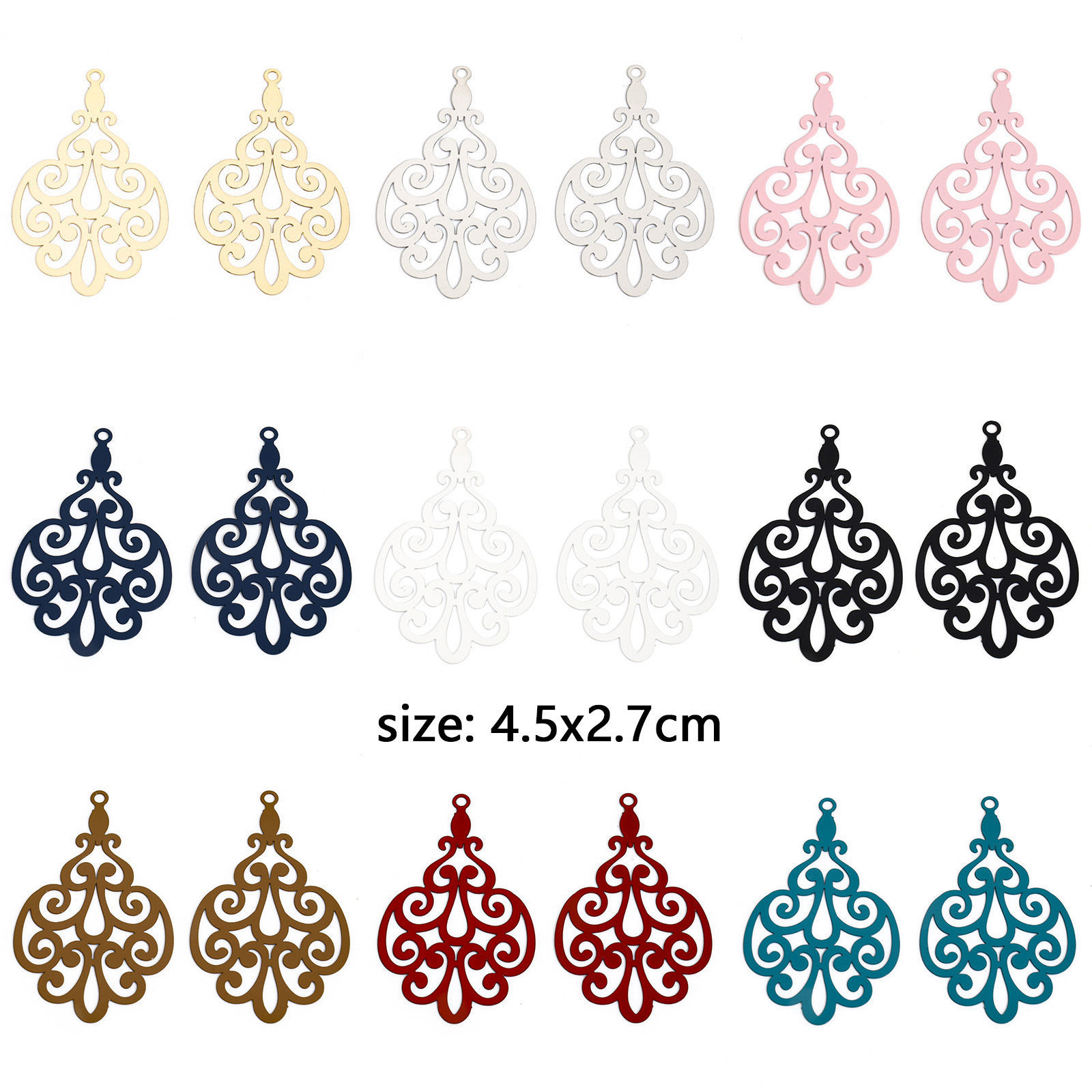 Изображение 10 ШТ Железный Сплав(Без Кадмия) Филигранные цветок железа Подвески Разноцветный водяная капля Перо ажурная резьба 4.5см x 2.7см