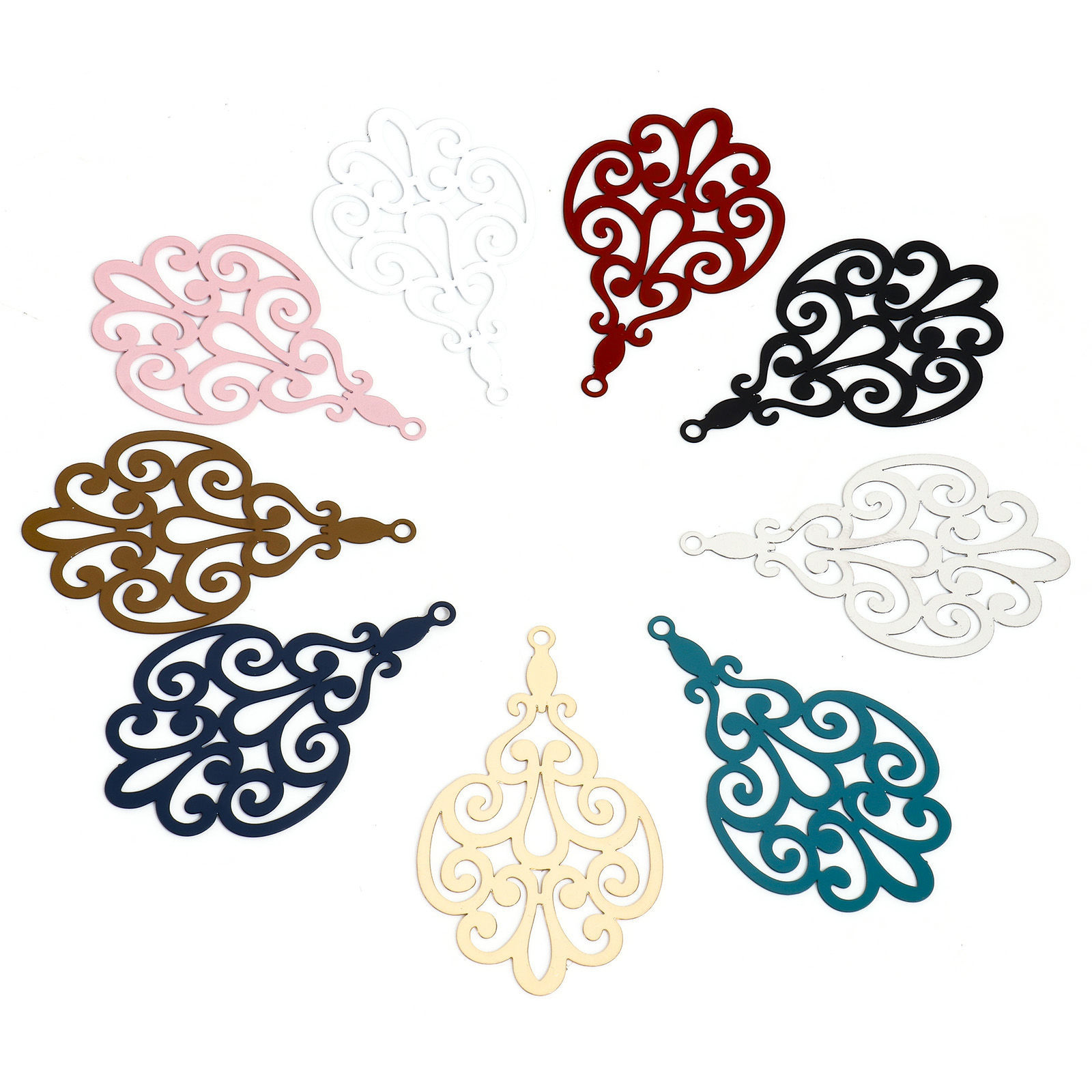 Изображение 10 ШТ Железный Сплав(Без Кадмия) Филигранные цветок железа Подвески Разноцветный водяная капля Перо ажурная резьба 4.5см x 2.7см