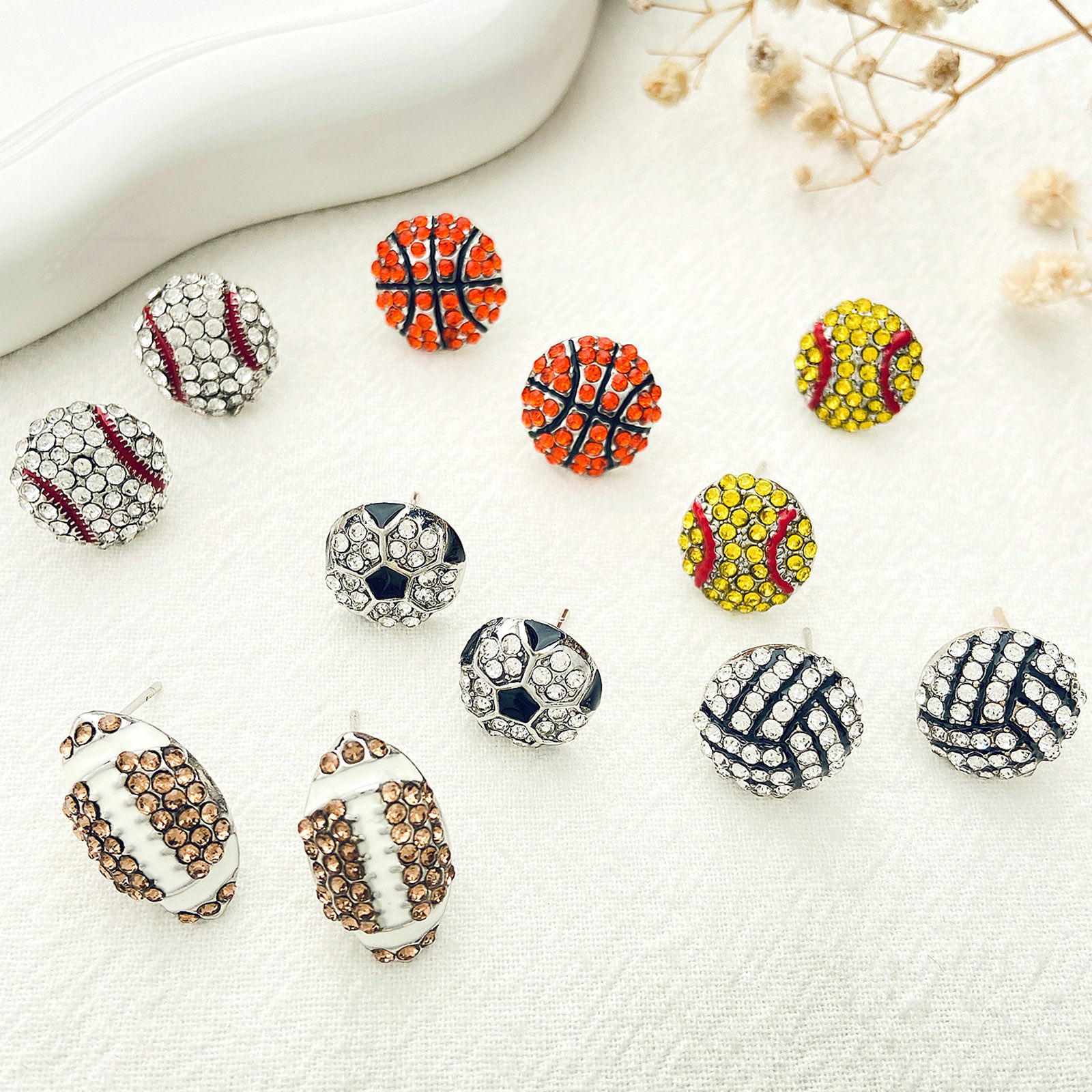 Picture of Sport Ear Post Stud Earrings Volleyball Multicolour Cubic Zirconia