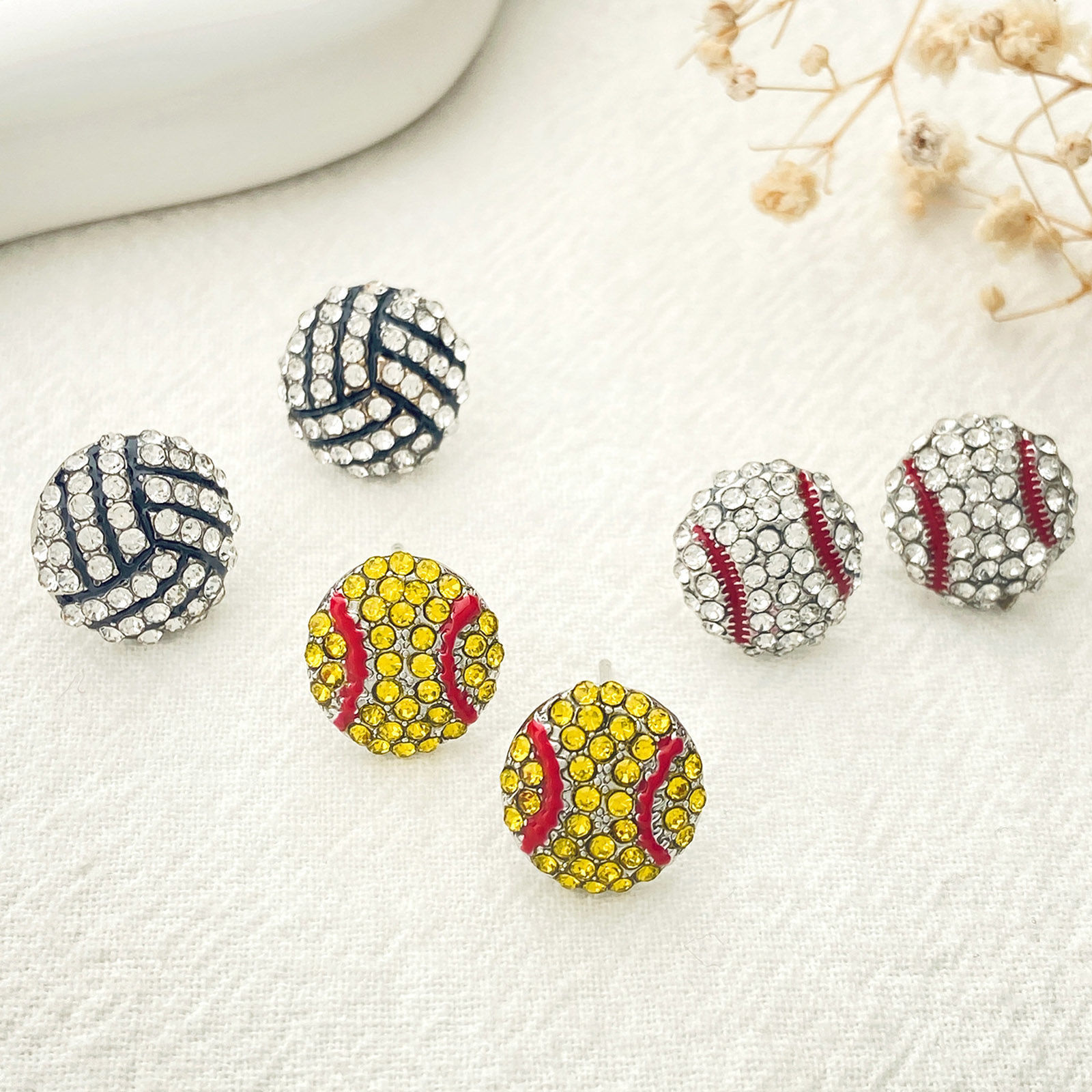Picture of Sport Ear Post Stud Earrings Volleyball Multicolour Cubic Zirconia