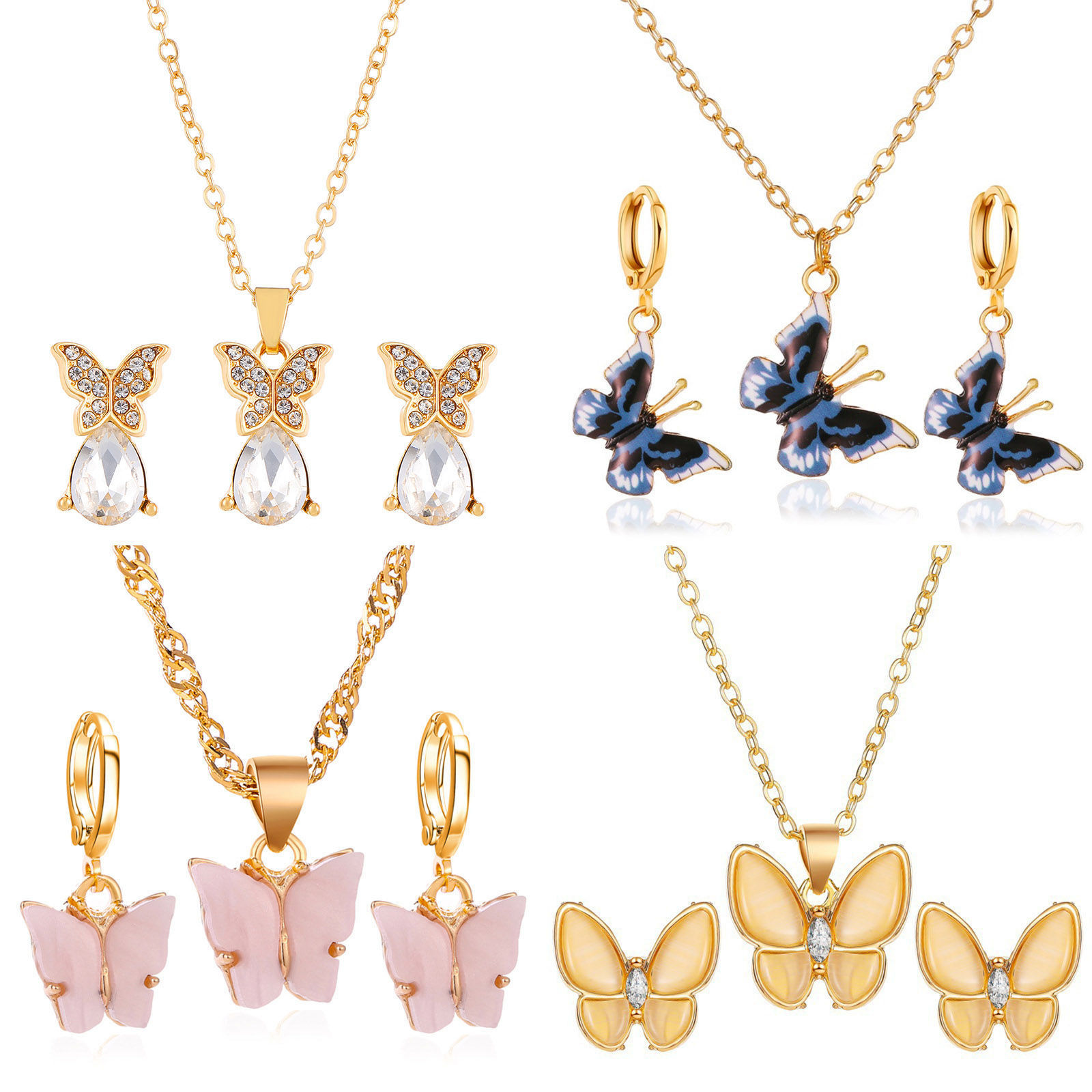 Bild von 1 Set Ins Stil Schmuck Halskette Ohrringe Set Bunt Schmetterling Tropfen Transparent Strass 50cm lang