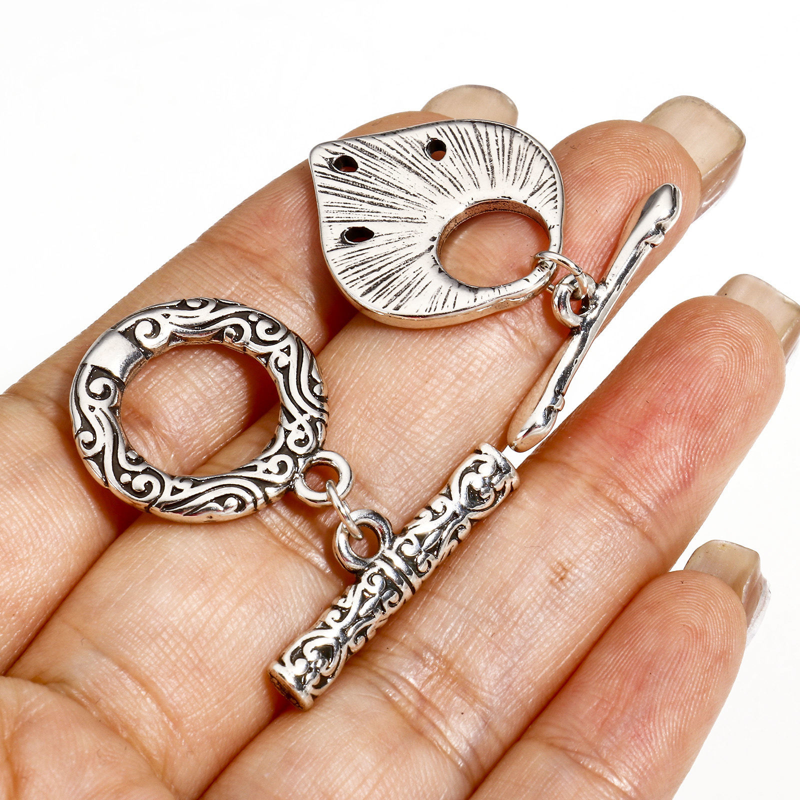 Picture of Copper Toggle Clasps Round Antique Silver Color Carved Pattern