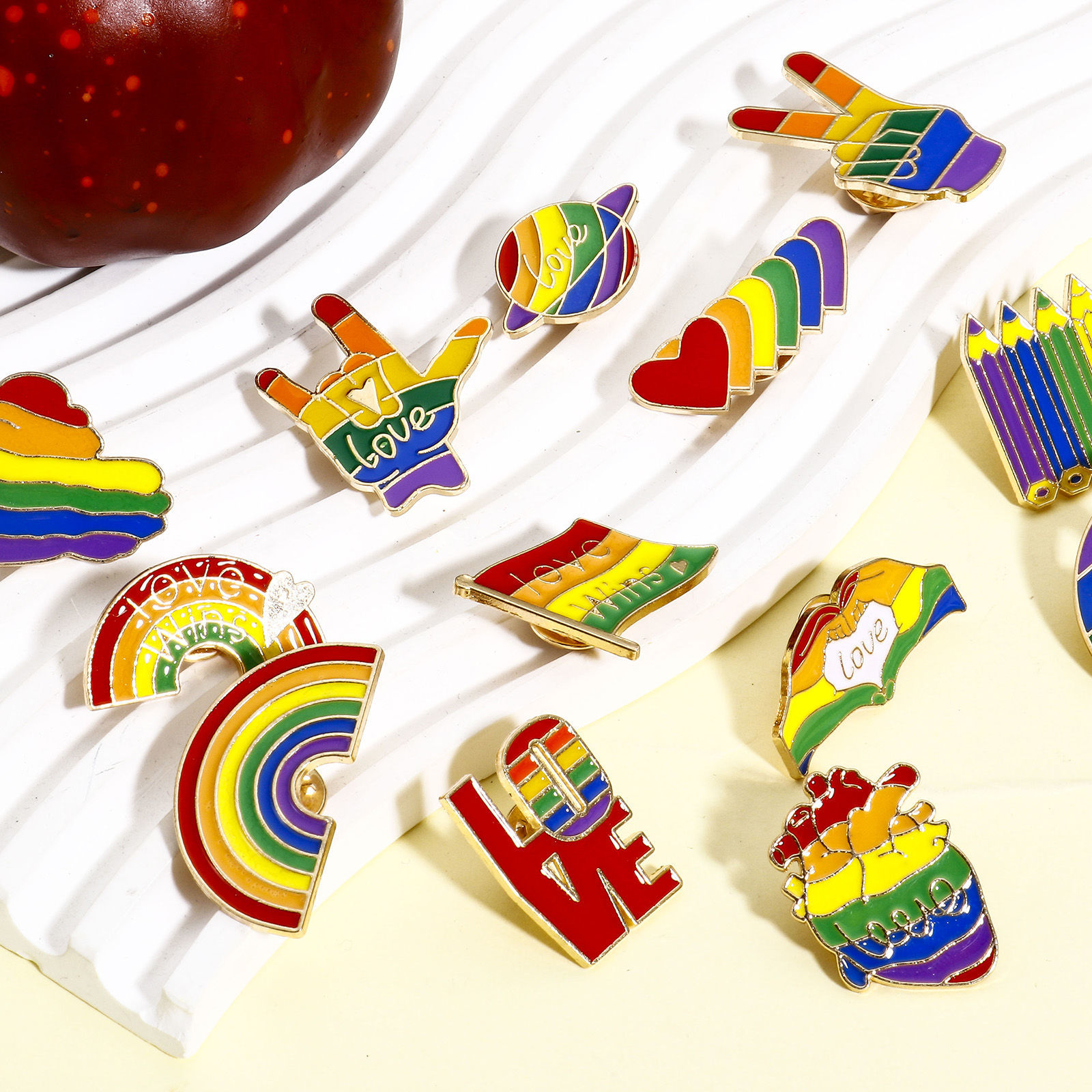 Picture of Zinc Based Alloy Rainbow Pin Brooches Peace Symbol Heart Gold Plated Multicolor Enamel
