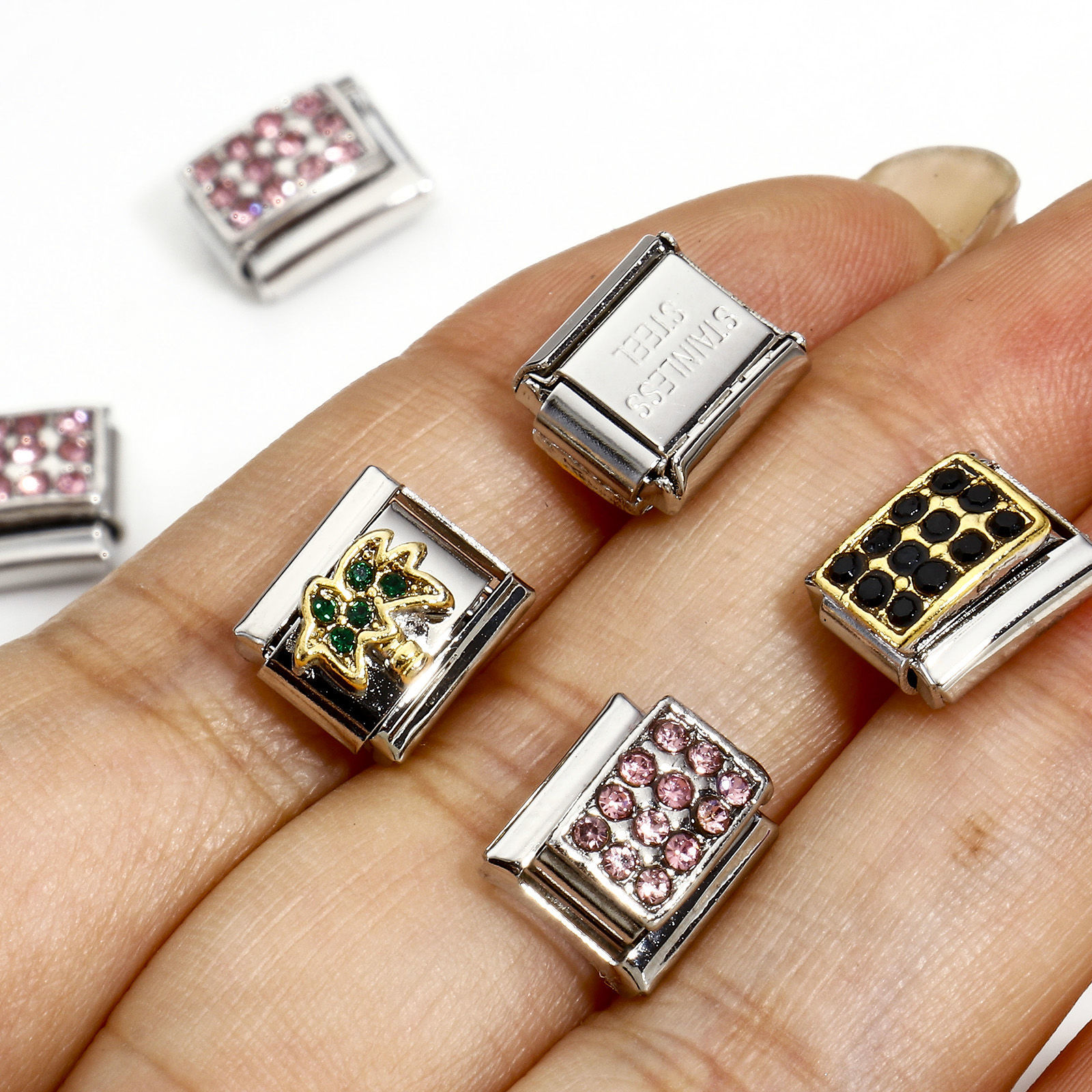 Bild von 1 Stück 304 Edelstahl Charm-Armband mit italienischen Gliedern zur Herstellung von DIY-Schmuck Silberfarbe Rechteck mit Strass 10mm x 9mm