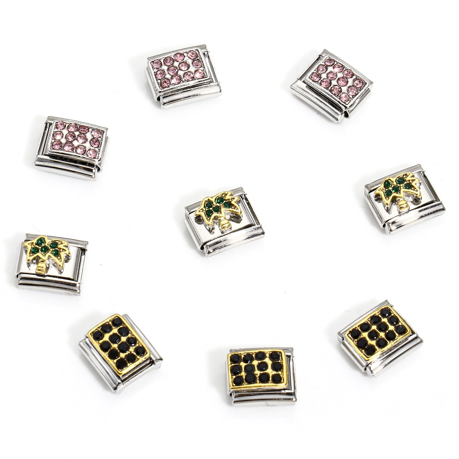 Bild von 1 Stück 304 Edelstahl Charm-Armband mit italienischen Gliedern zur Herstellung von DIY-Schmuck Silberfarbe Rechteck mit Strass 10mm x 9mm