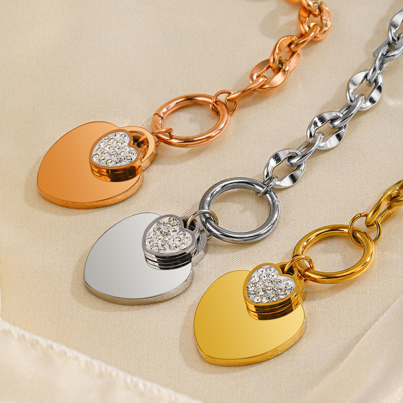 Picture of Eco-friendly Vacuum Plating Stylish Hip-Hop Multicolor 304 Stainless Steel Curb Link Chain Heart Charm Bracelets Unisex Party