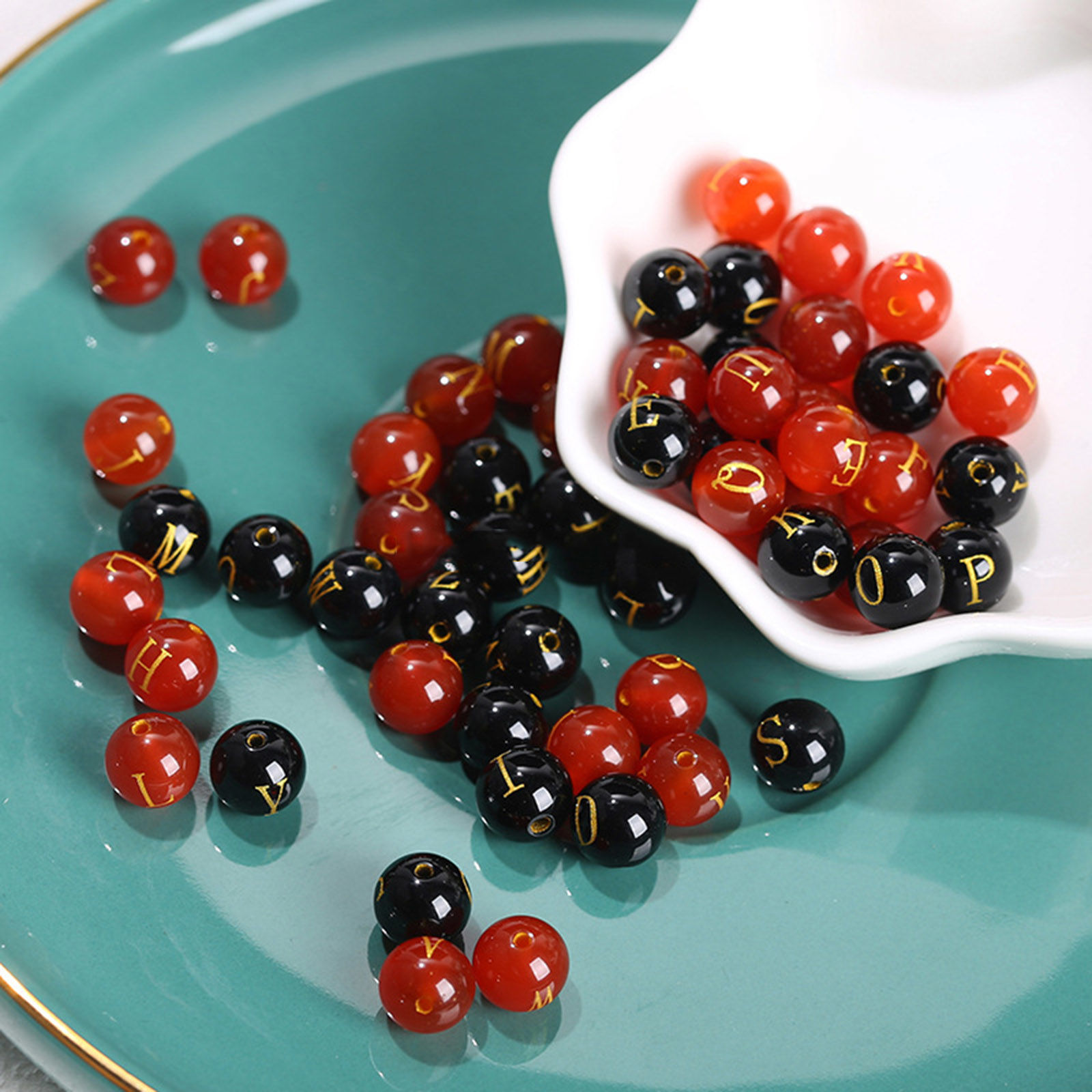Picture of Agate ( Heated/Dyed ) Loose Beads For DIY Jewelry Making Round Initial Alphabet/ Capital Letter Message " A-Z " Engraving About 8mm Dia., Hole: Approx 1.4mm