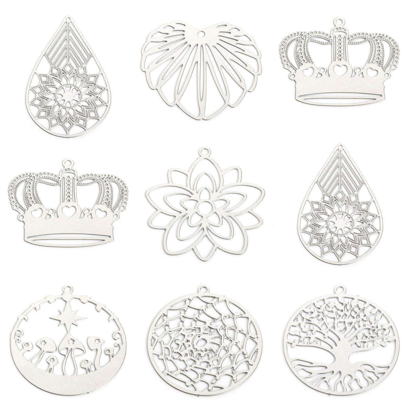 Image de 5 Pcs Breloques en 304 Acier Inoxydable Argent Mat Fleurs Creuses Estampe en Filigrane