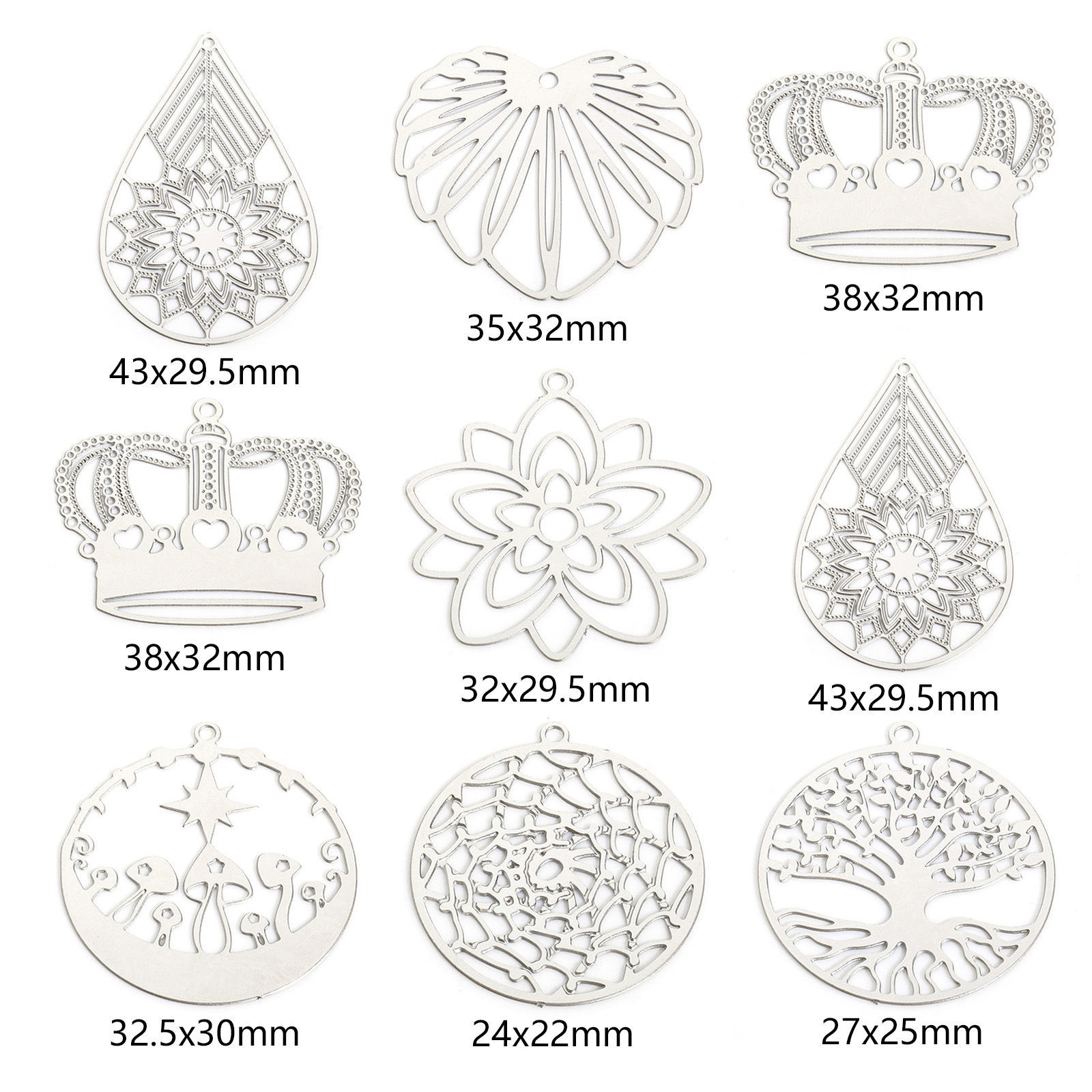 Image de 5 Pcs Breloques en 304 Acier Inoxydable Argent Mat Fleurs Creuses Estampe en Filigrane